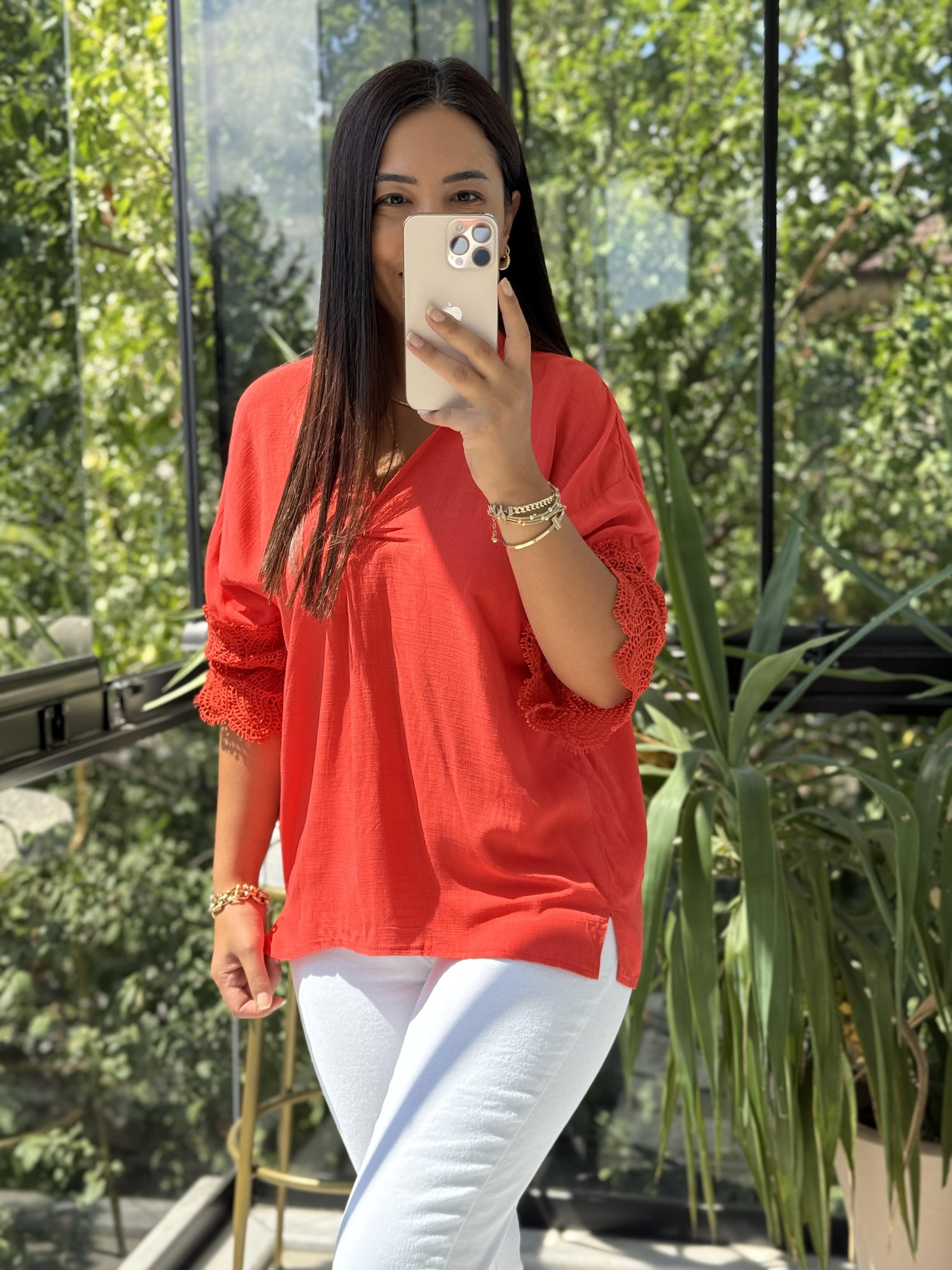 V Yaka Kol Detaylı Bluz Nar Çiçeği