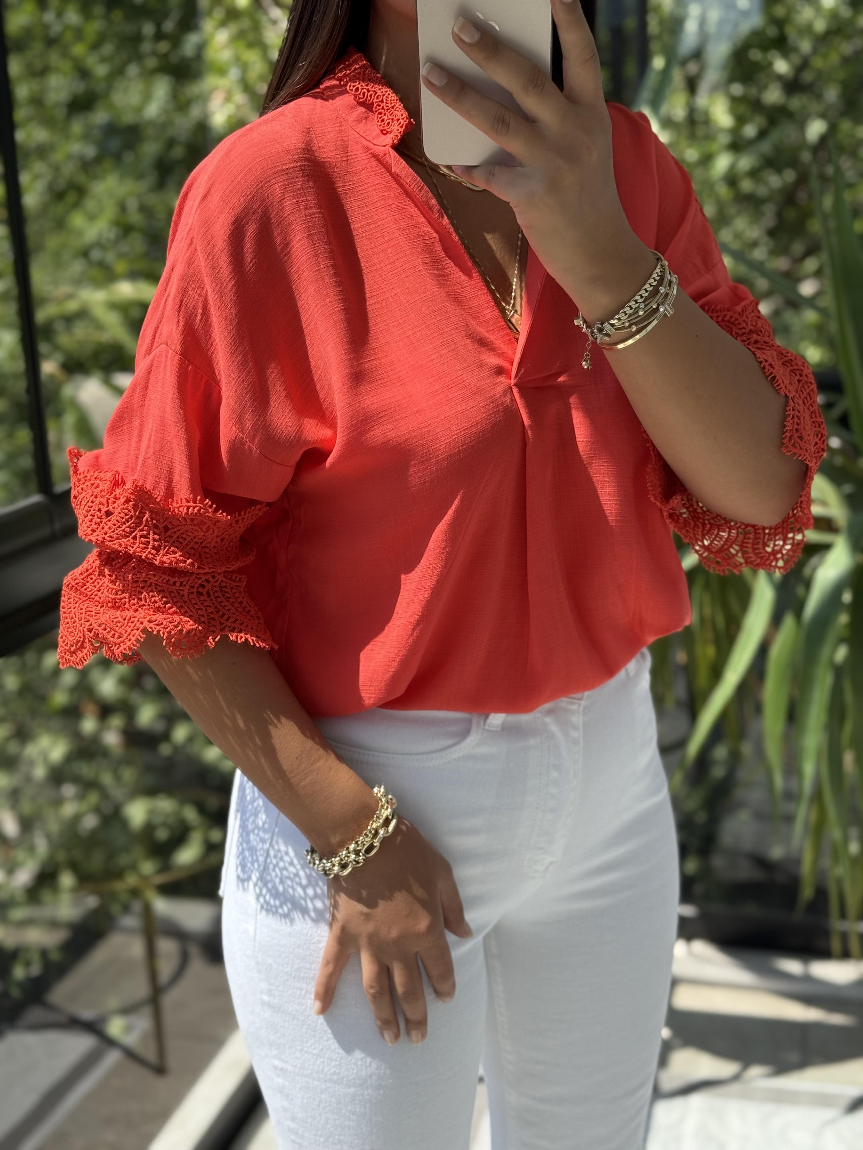 V Yaka Kol Detaylı Bluz Nar Çiçeği