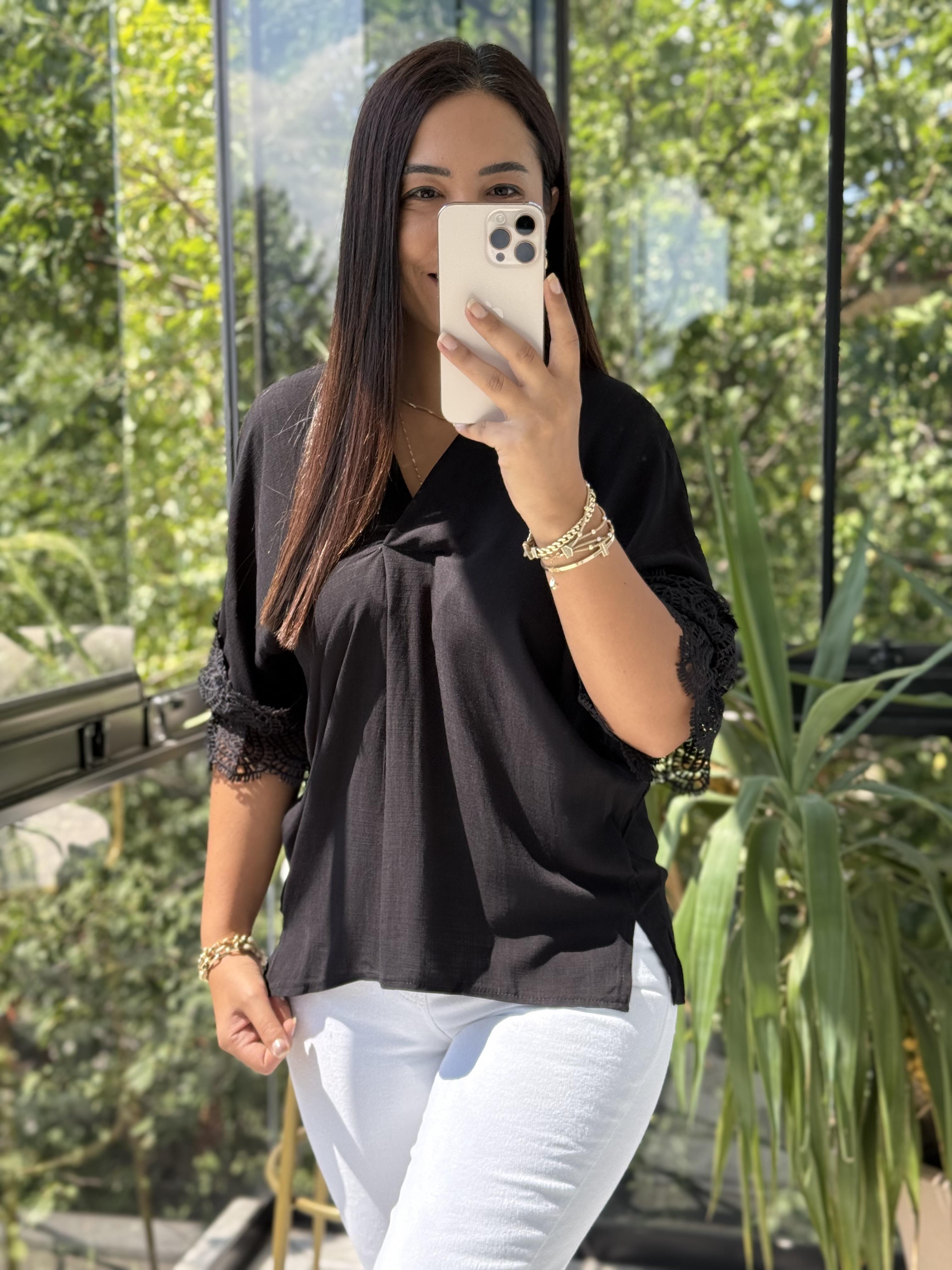 V Yaka Kol Detaylı Bluz Siyah