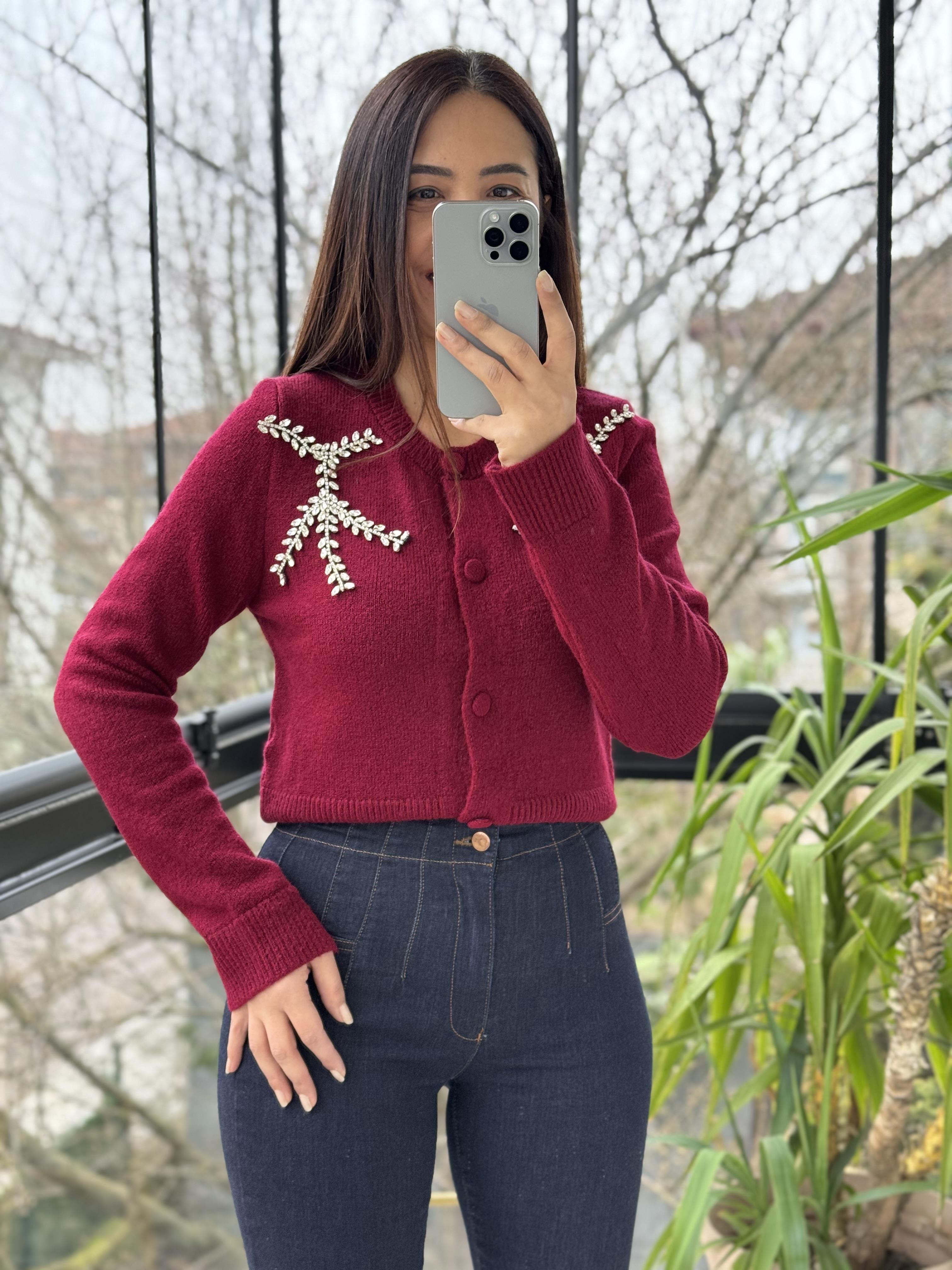 Yaprak Taşlı Hırka Bordo