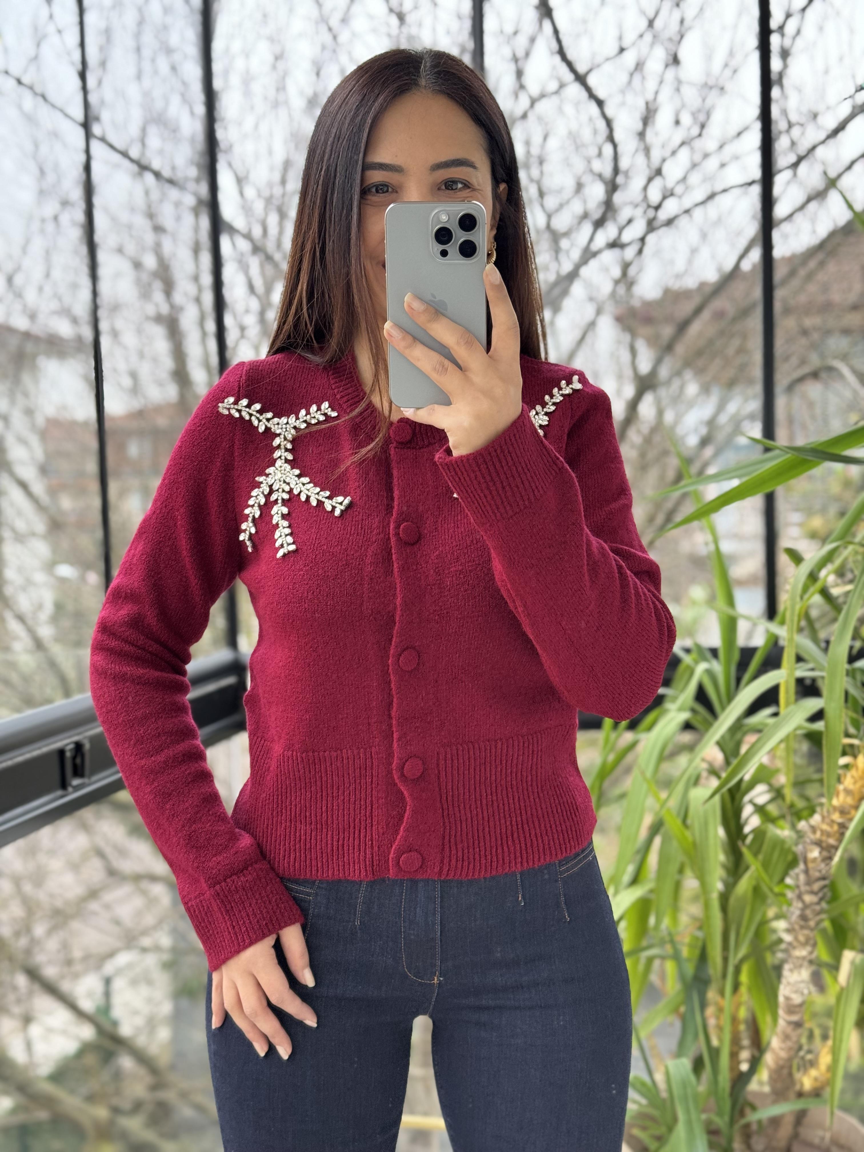 Yaprak Taşlı Hırka Bordo