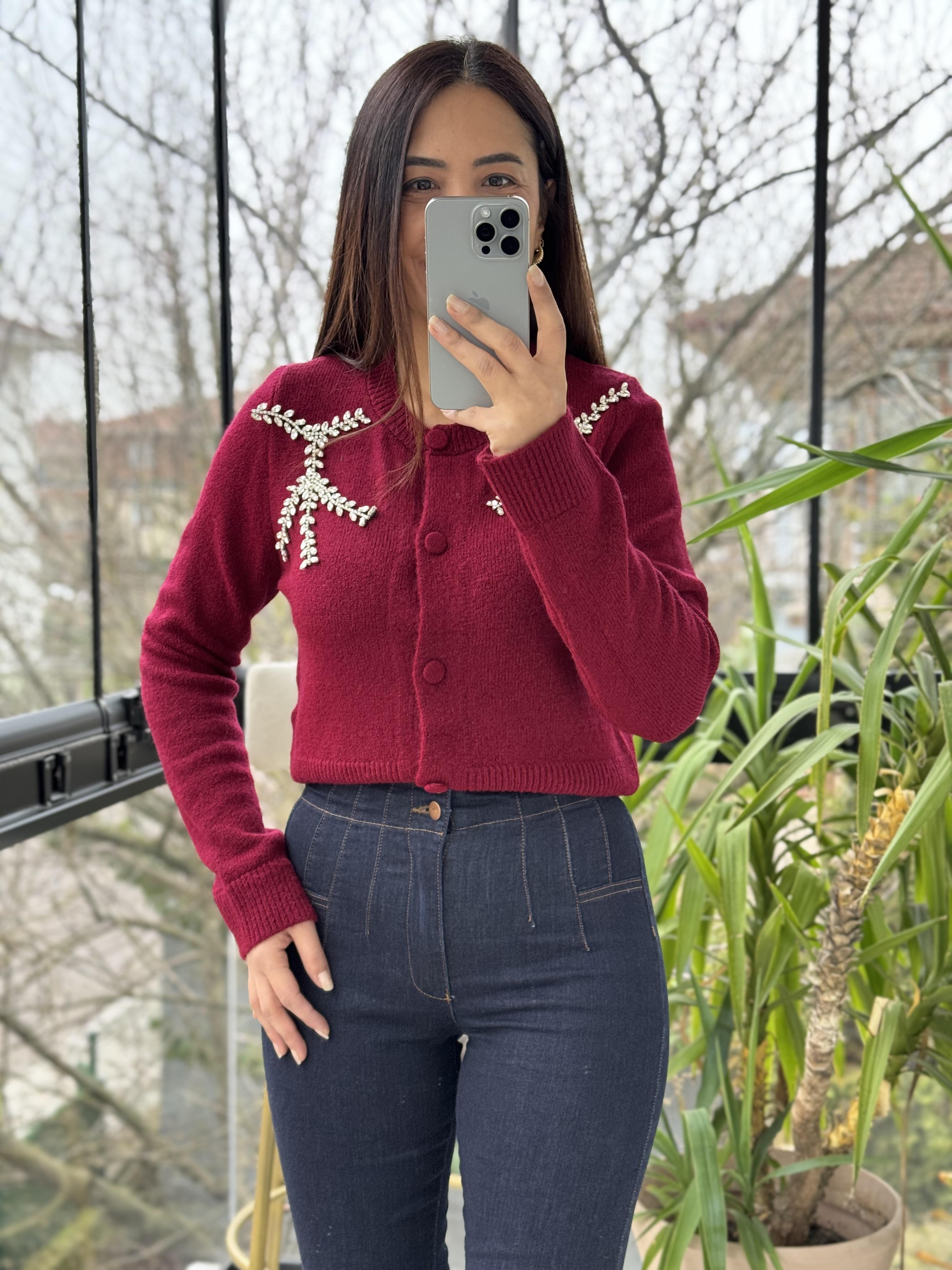 Yaprak Taşlı Hırka Bordo