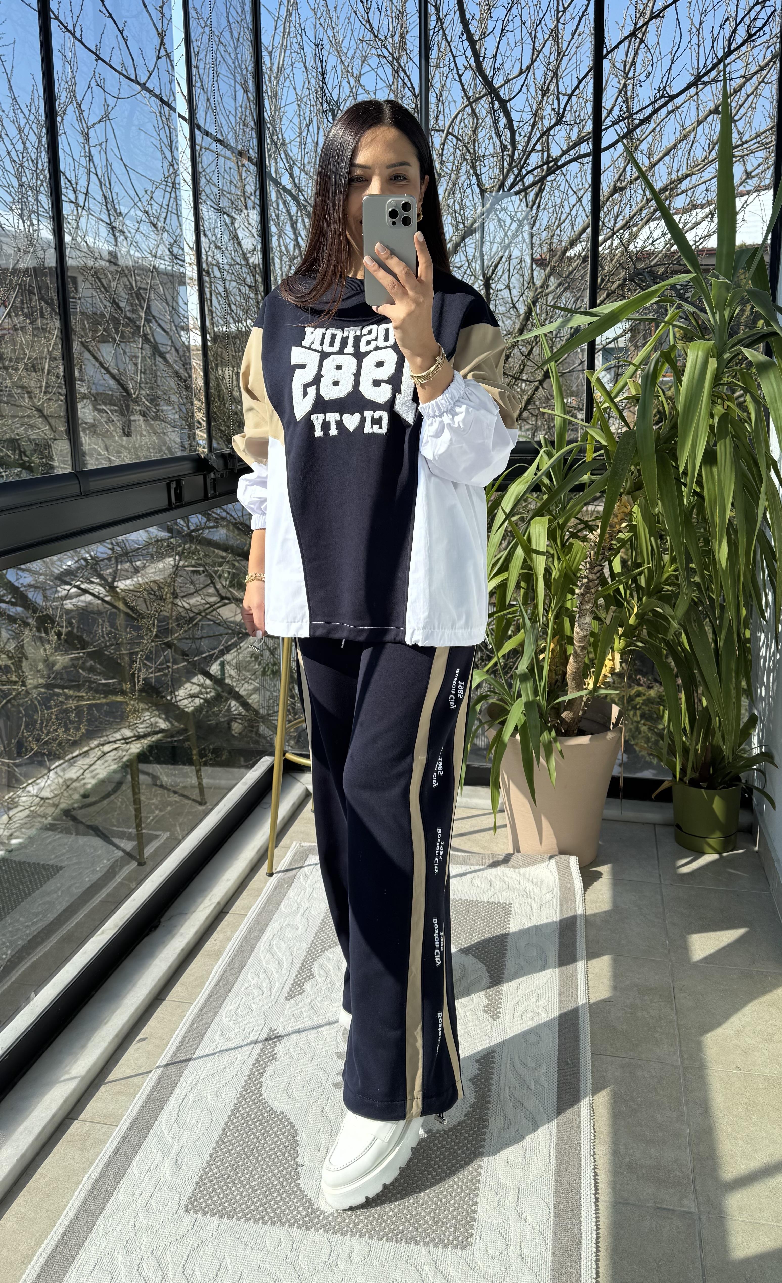 Yazılı Şeritli Takım Lacivert