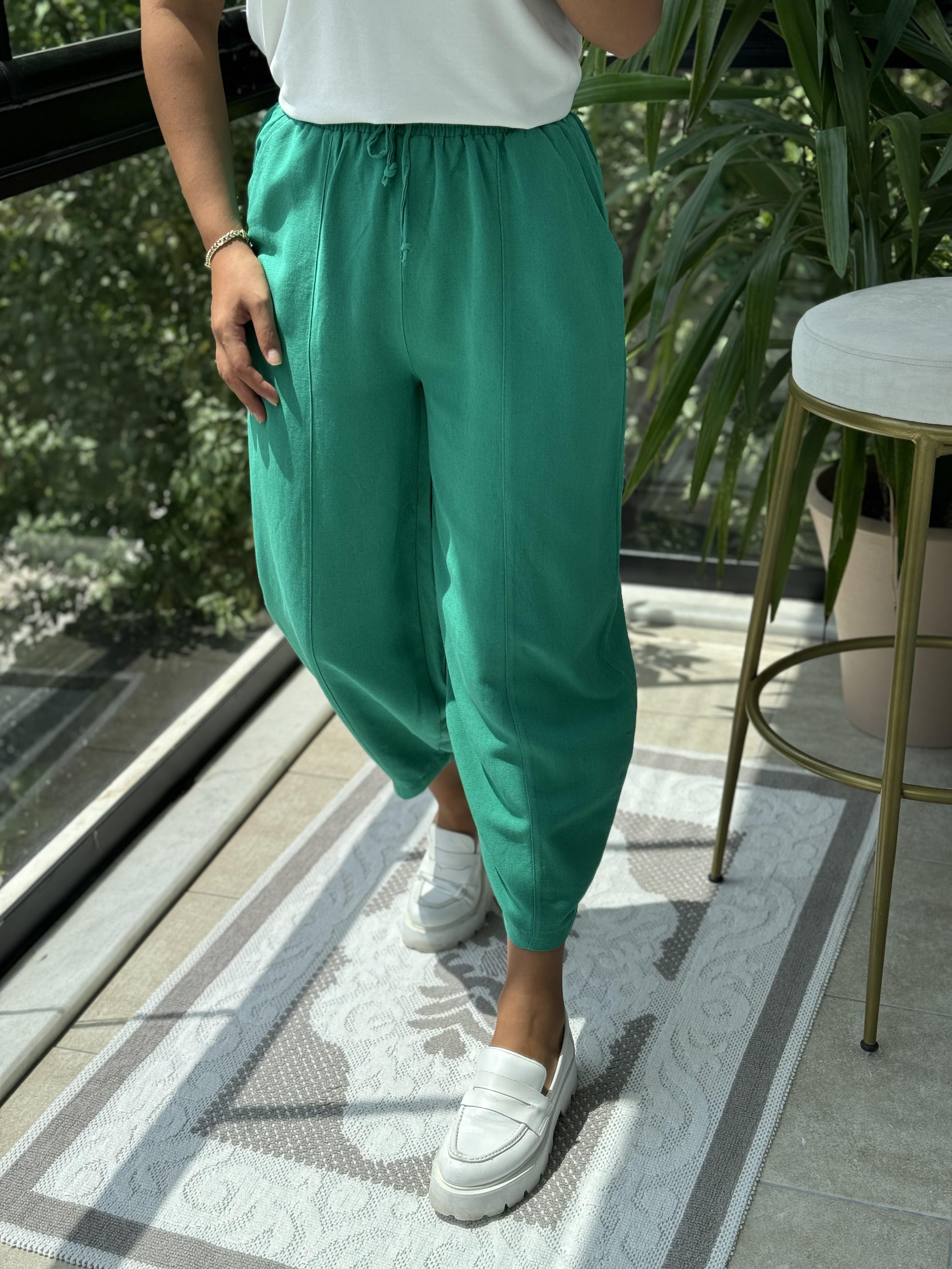 Yeşil Şalvar Keten Pantolon
