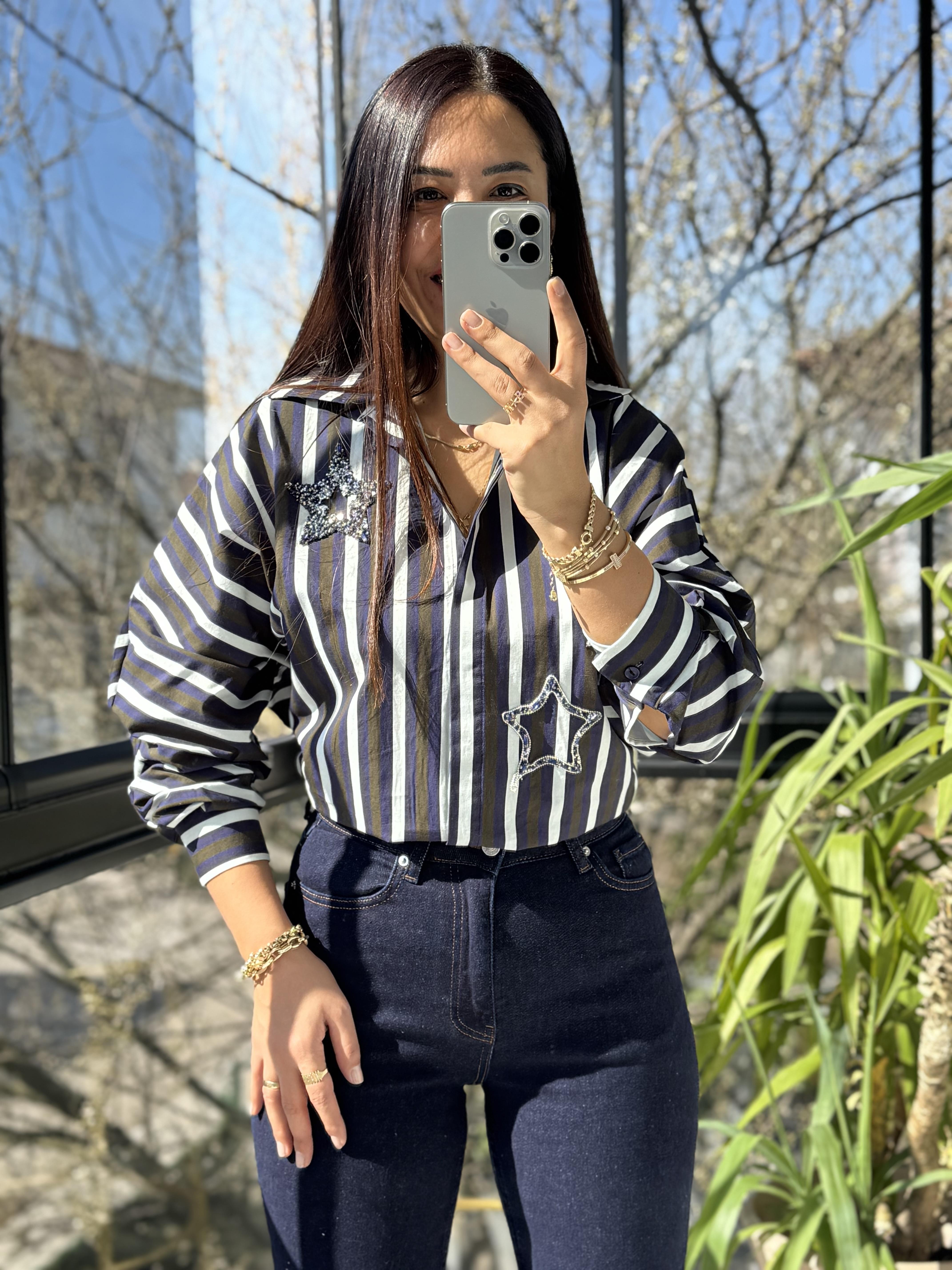 Yıldız Taşlı Çizgili Gömlek Lacivert