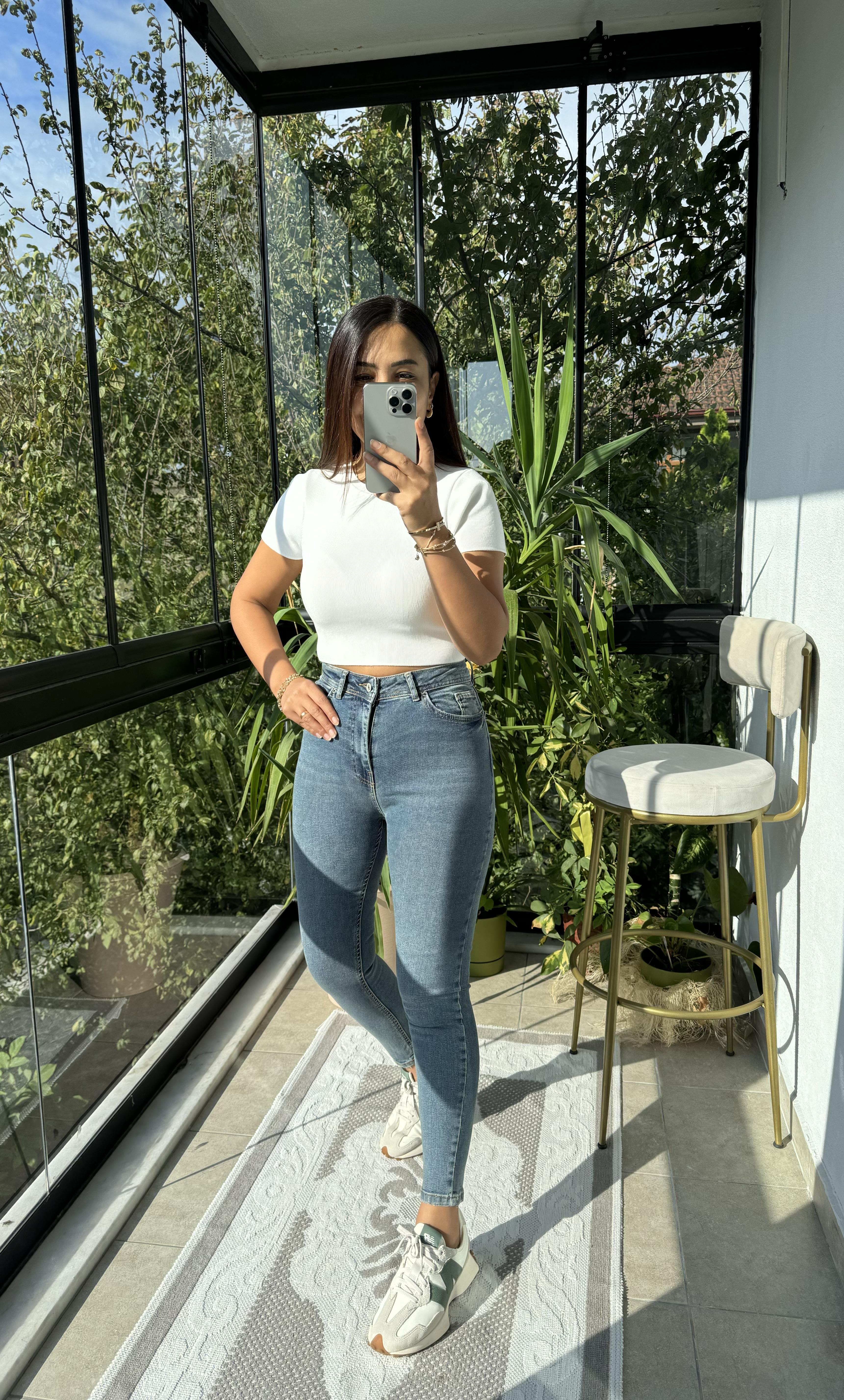 Yüksek Bel Skinny Jean Yeşil Yıkama