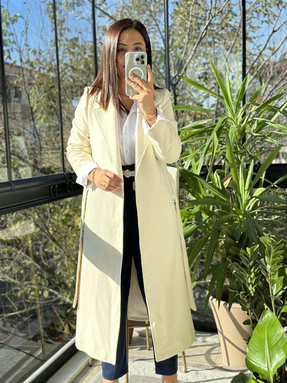  Bornoz Model İthal Kumaş Kaban Krem