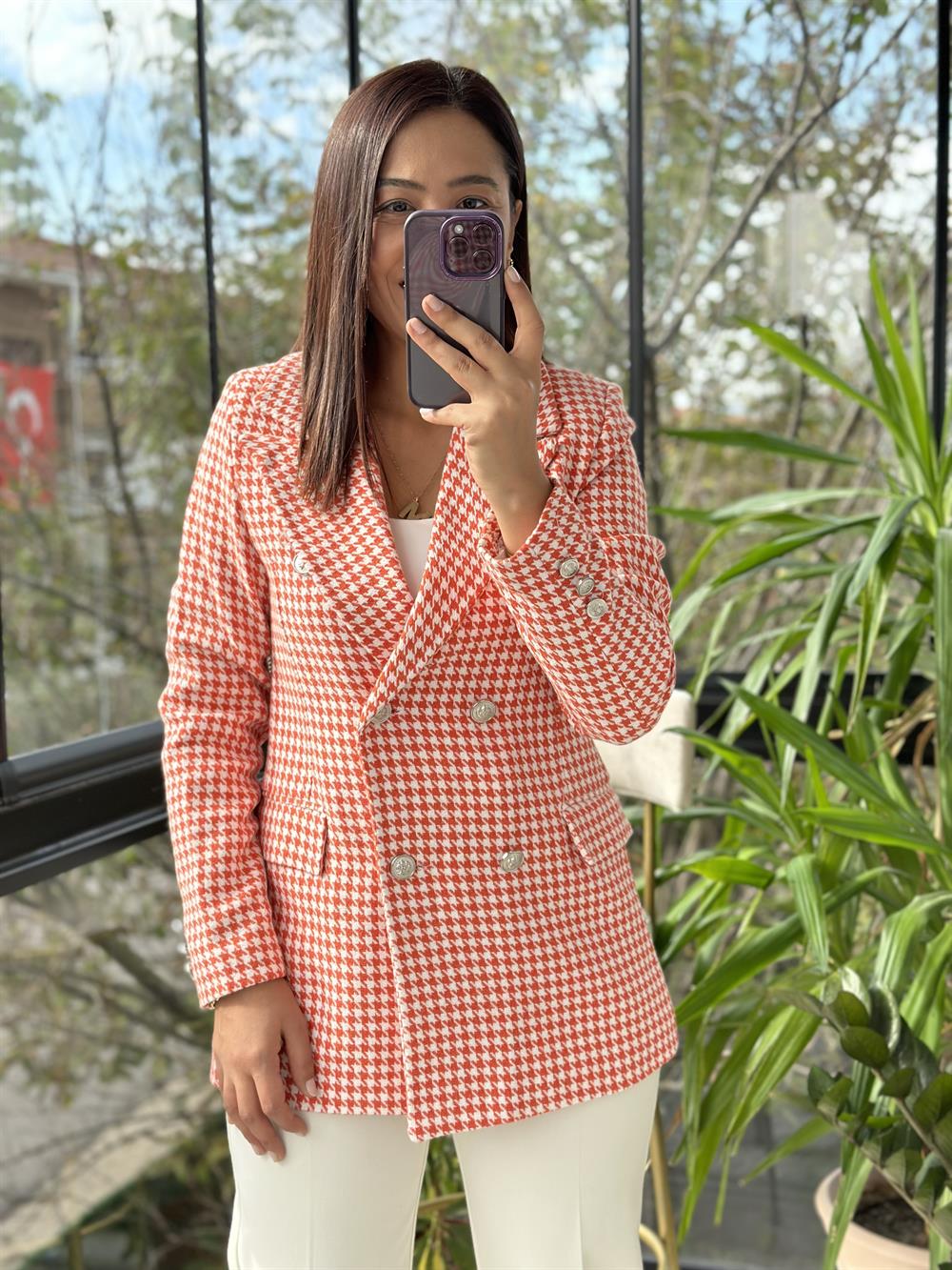  Kazayağı Gümüş Düğme Tüvit Blazer Ceket Turuncu