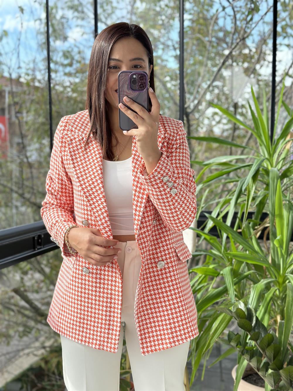  Kazayağı Gümüş Düğme Tüvit Blazer Ceket Turuncu