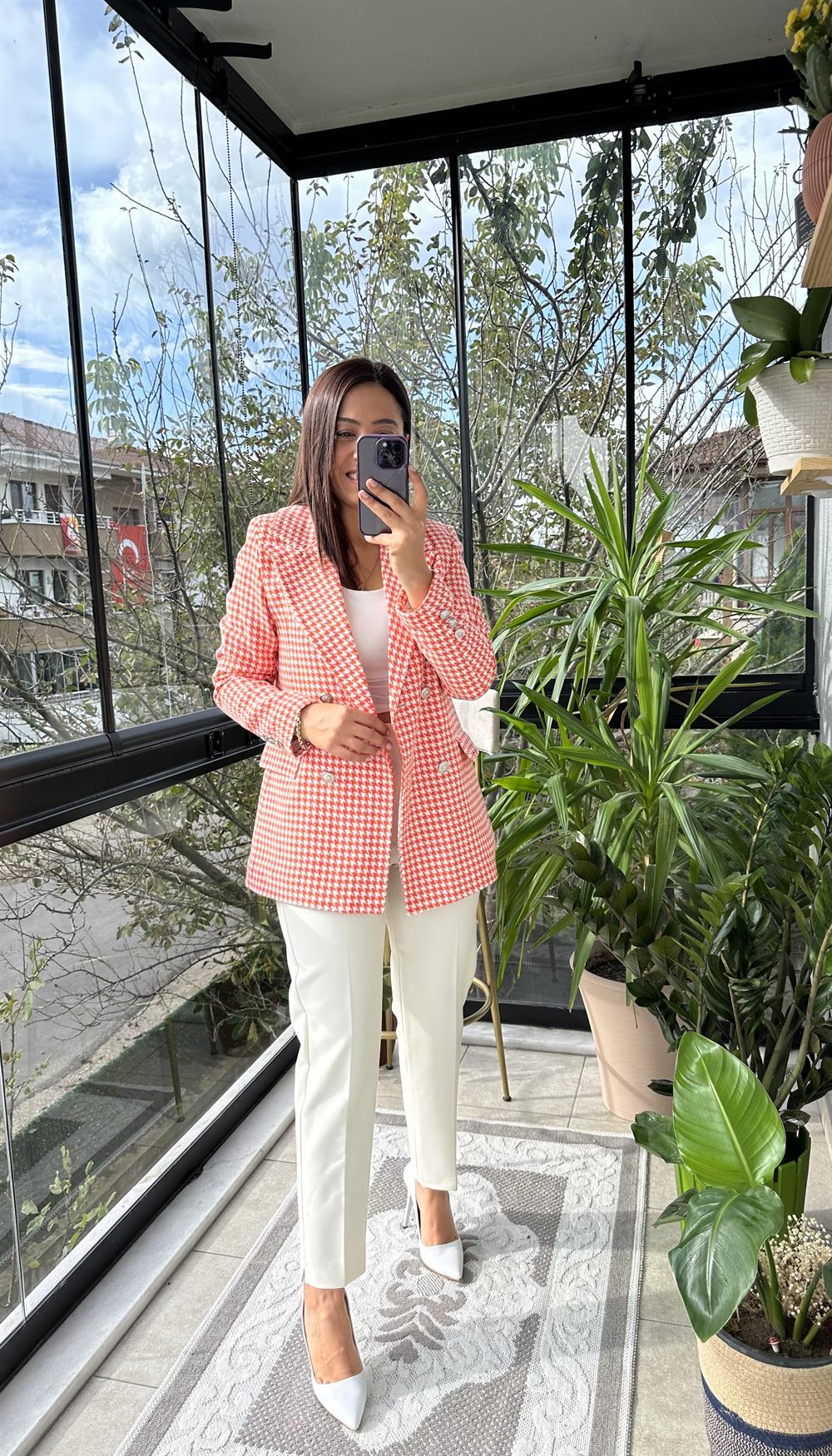  Kazayağı Gümüş Düğme Tüvit Blazer Ceket Turuncu