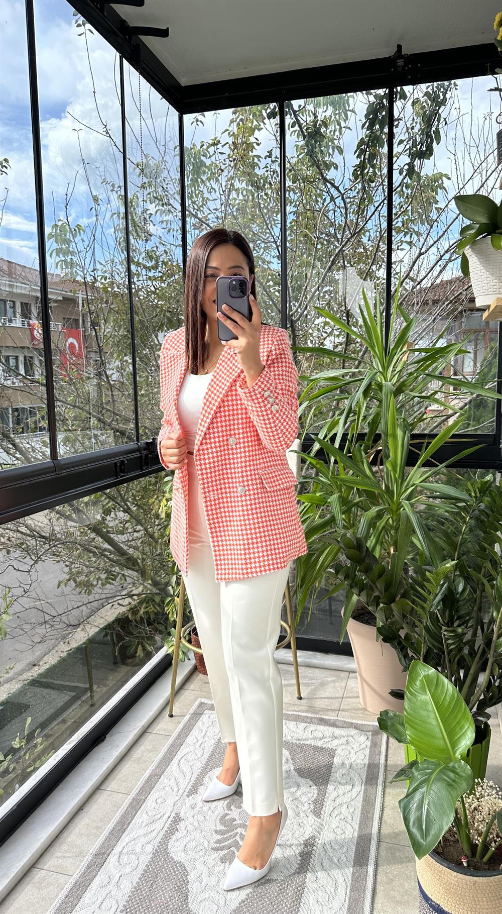  Kazayağı Gümüş Düğme Tüvit Blazer Ceket Turuncu