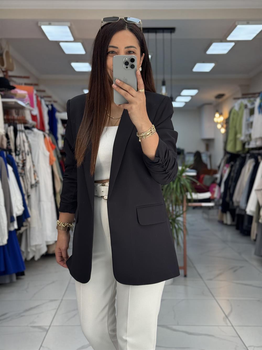  Kolu Büzgülü Blazer Ceket Siyah