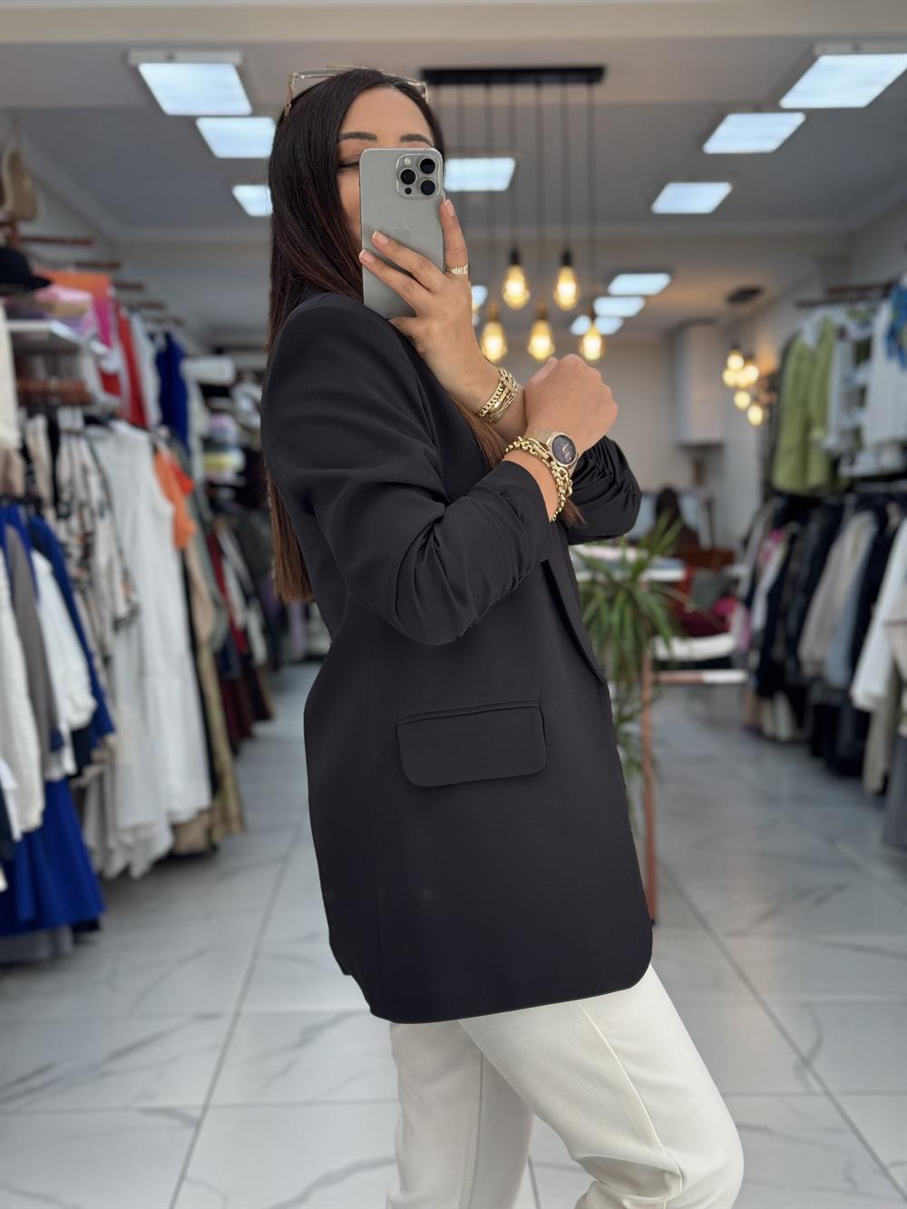  Kolu Büzgülü Blazer Ceket Siyah