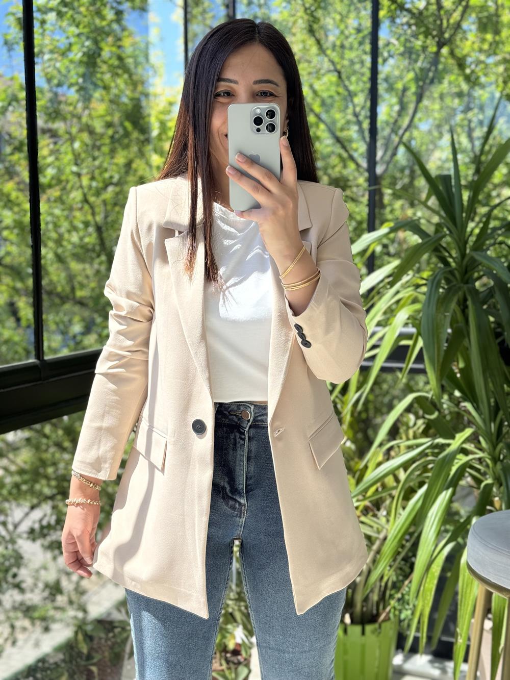  Tek Düğme Blazer Ceket  Bej