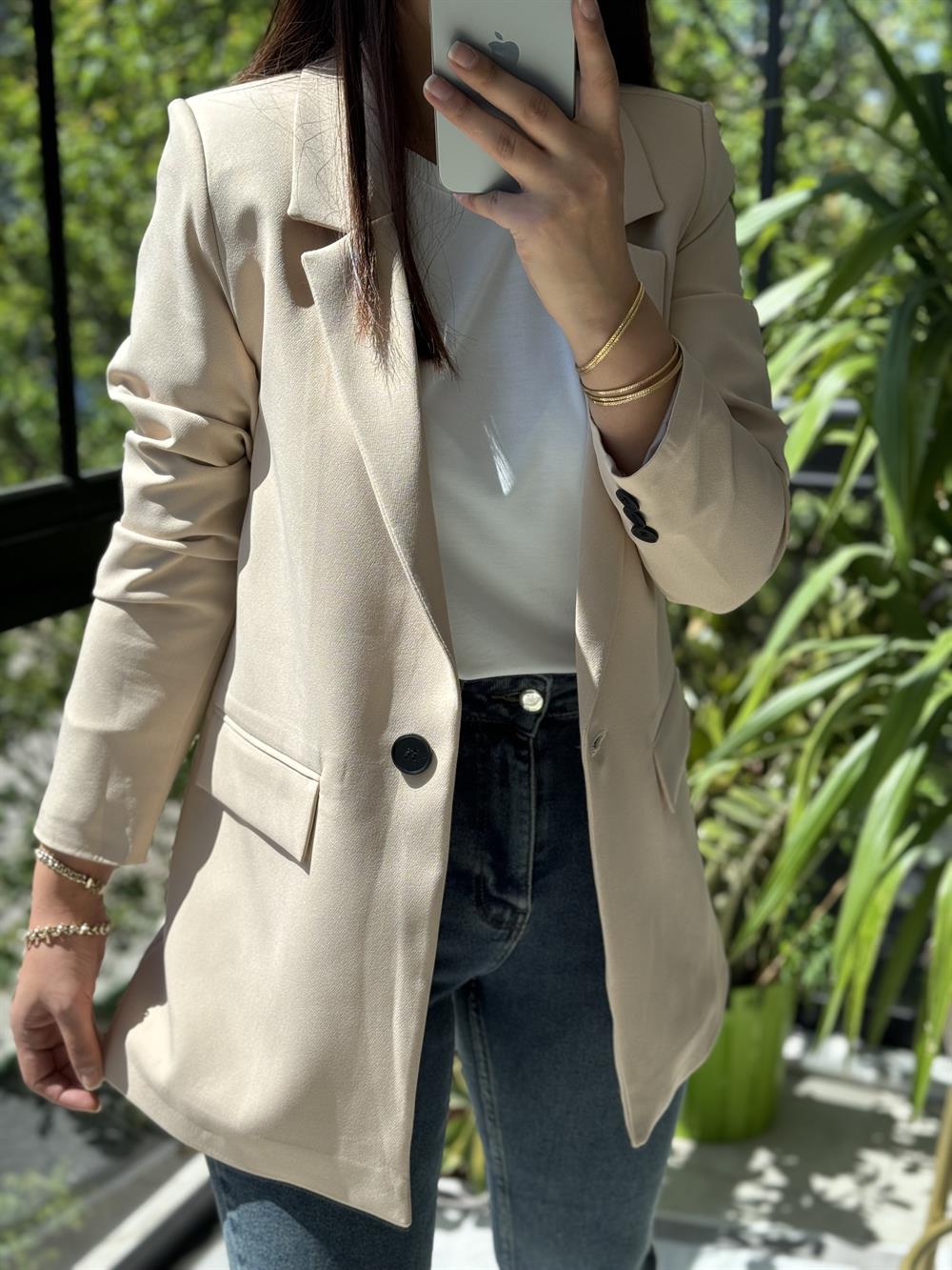  Tek Düğme Blazer Ceket  Bej