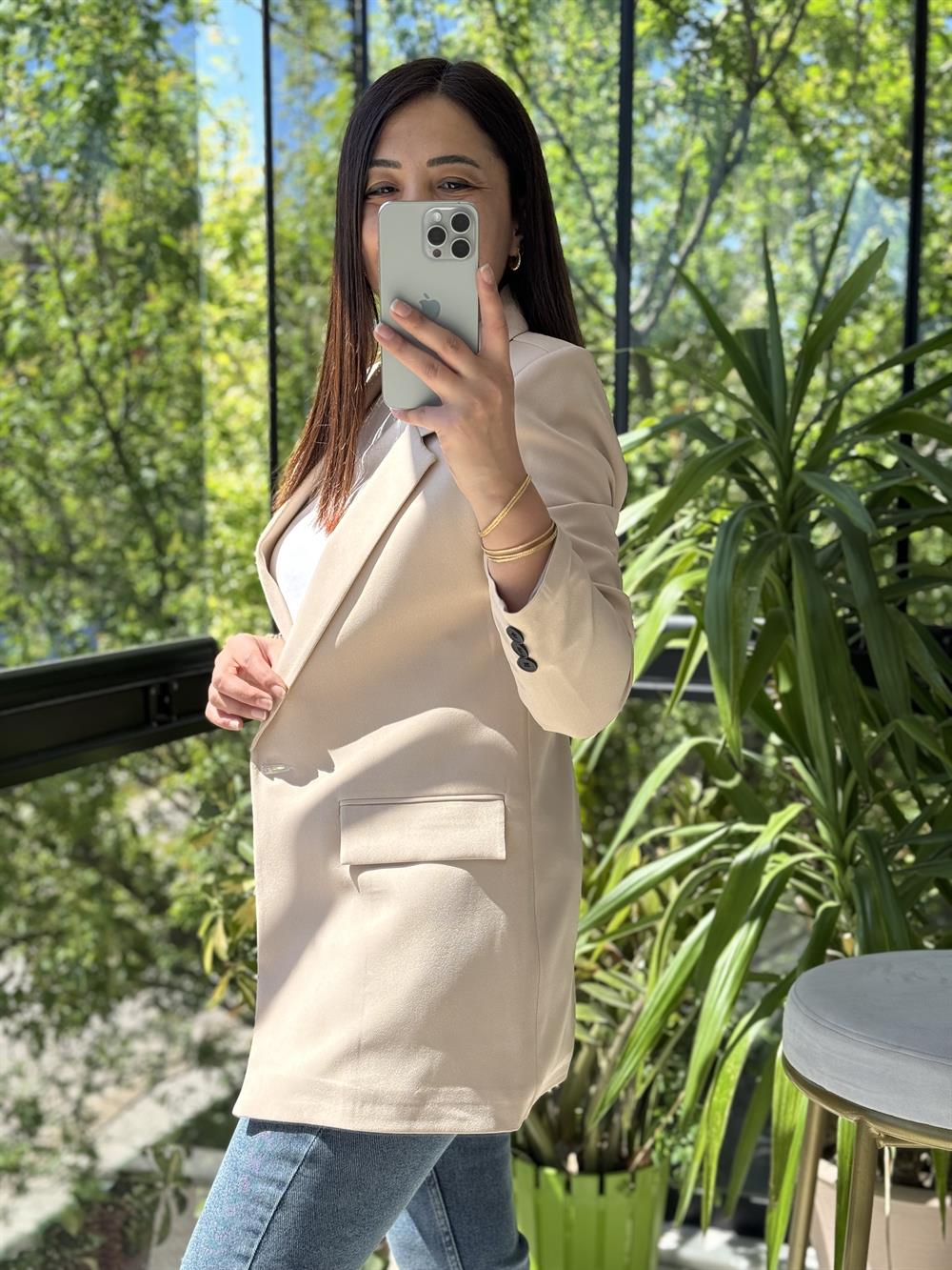  Tek Düğme Blazer Ceket  Bej