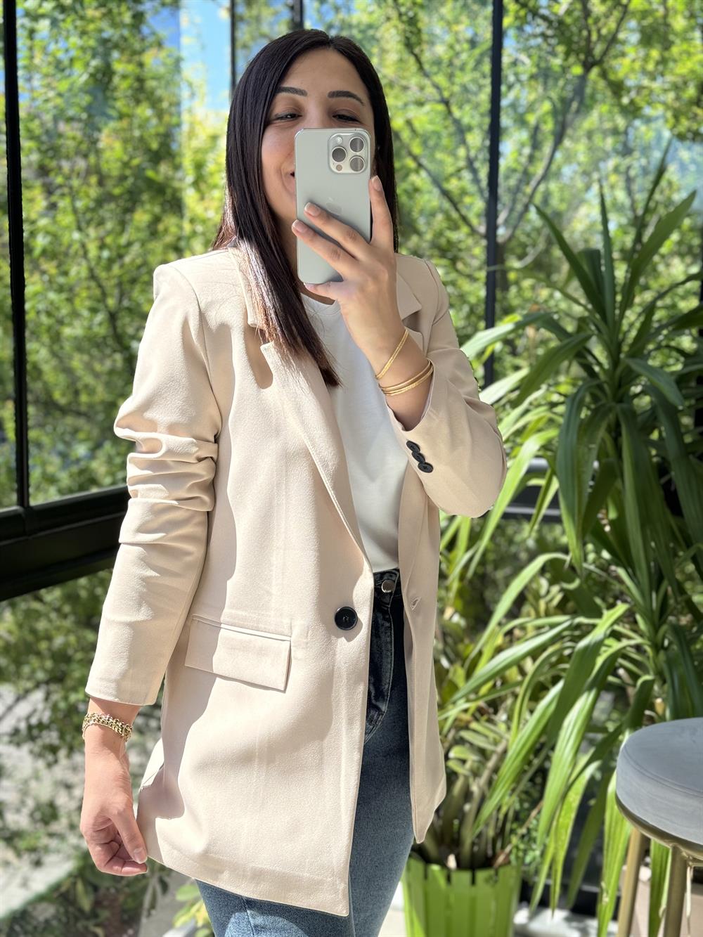  Tek Düğme Blazer Ceket  Bej