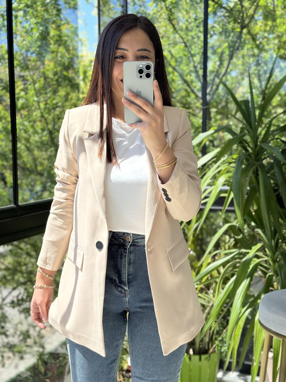  Tek Düğme Blazer Ceket  Bej