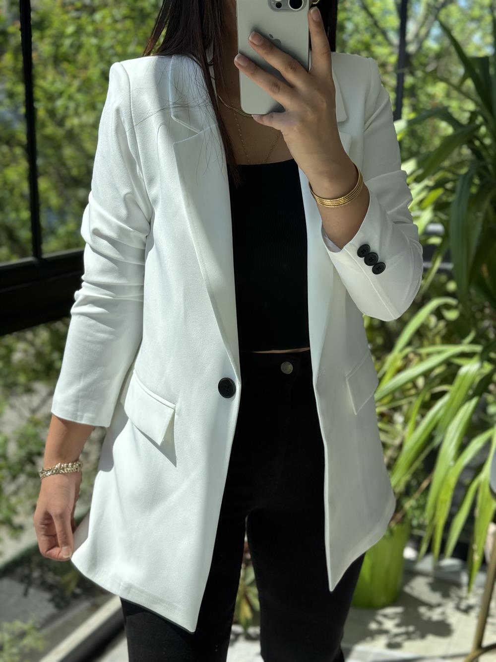  Tek Düğme Blazer Ceket  Beyaz