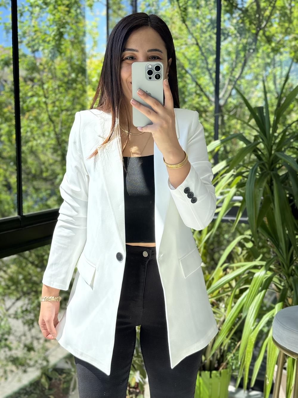  Tek Düğme Blazer Ceket  Beyaz