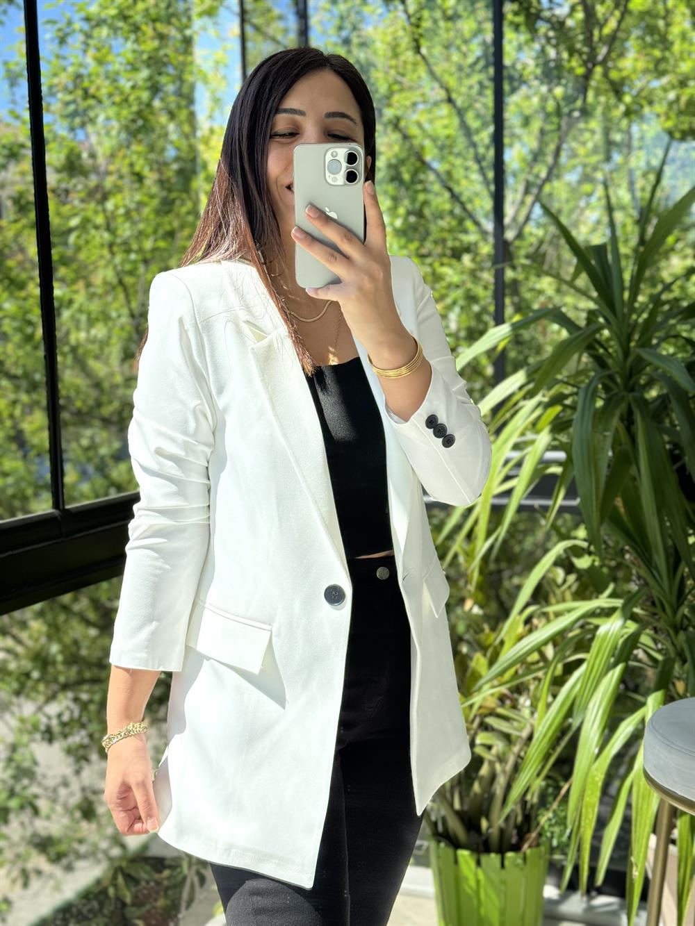  Tek Düğme Blazer Ceket  Beyaz