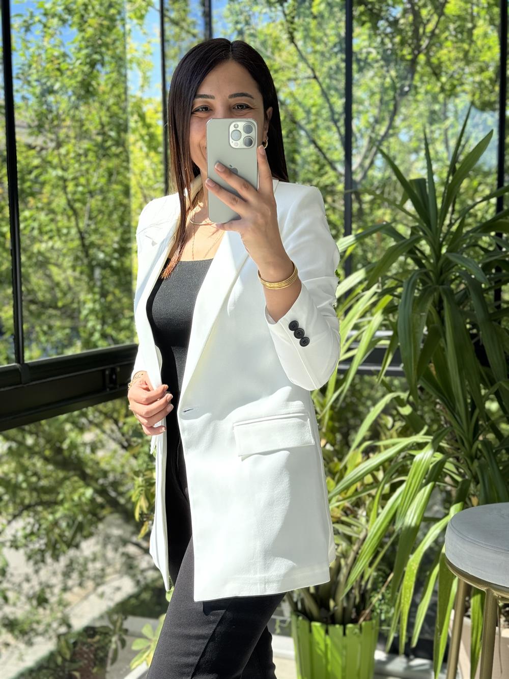  Tek Düğme Blazer Ceket  Beyaz