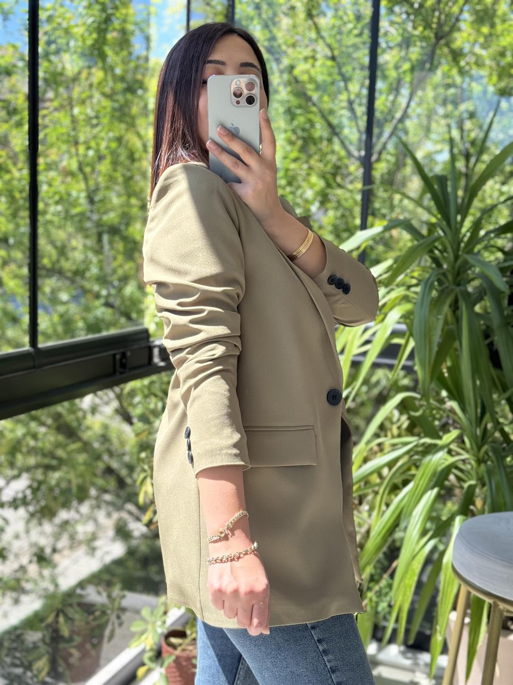  Tek Düğme Blazer Ceket Haki Yeşili