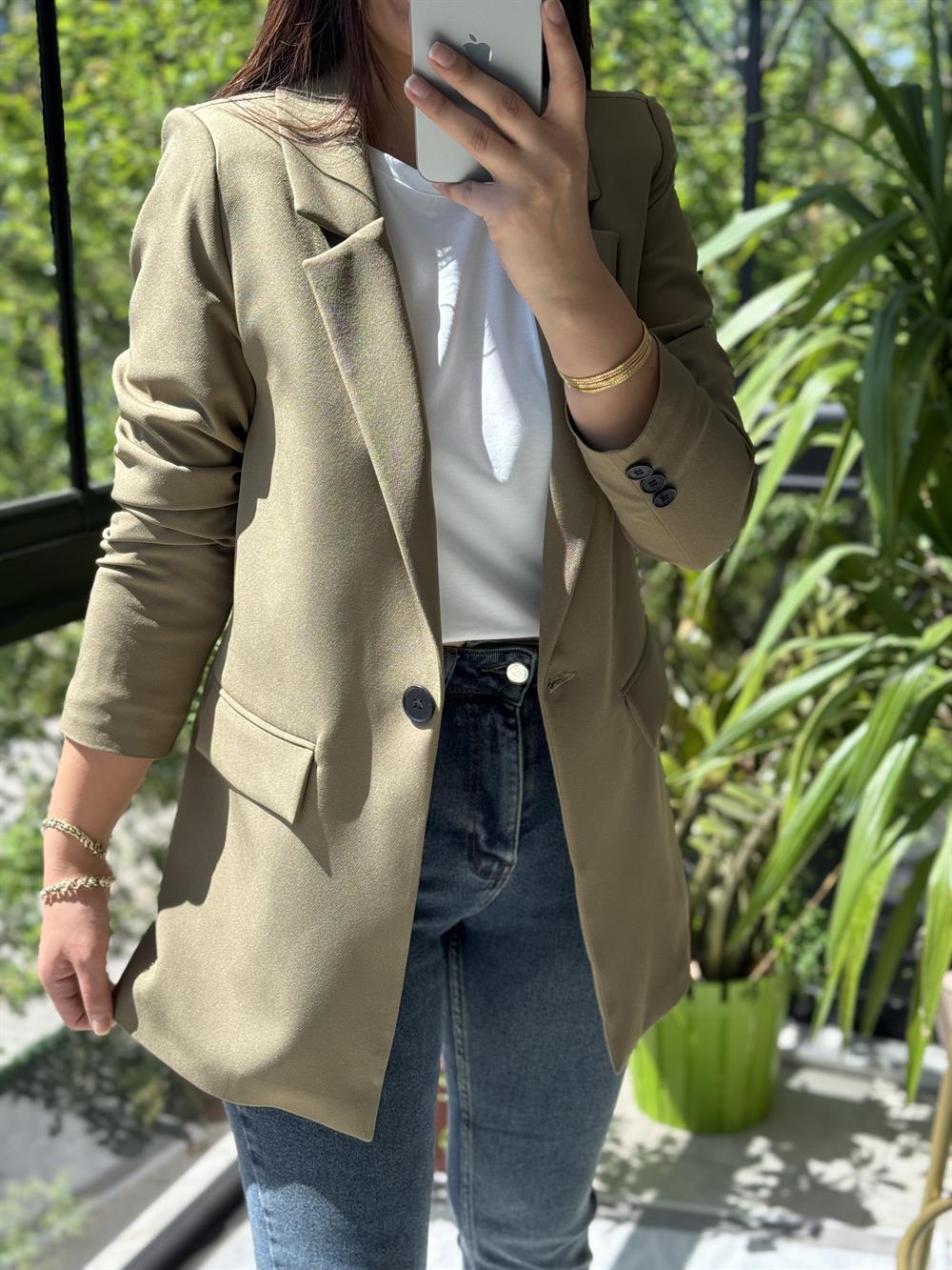  Tek Düğme Blazer Ceket Haki Yeşili