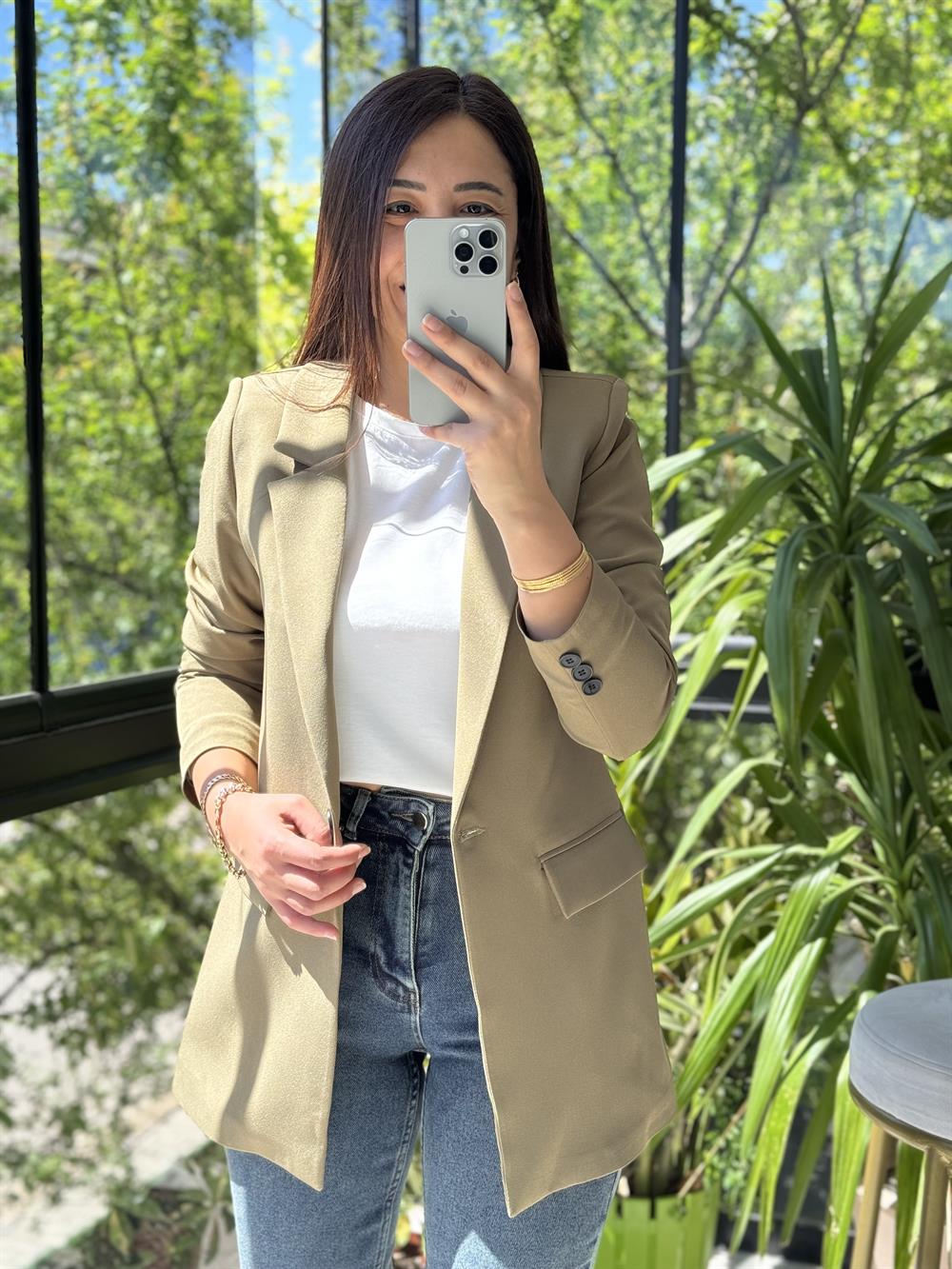  Tek Düğme Blazer Ceket Haki Yeşili