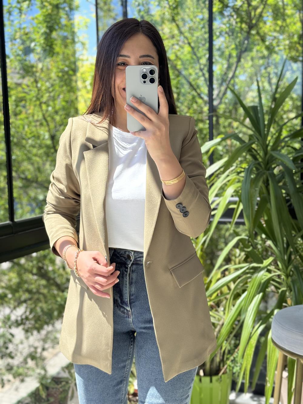  Tek Düğme Blazer Ceket Haki Yeşili