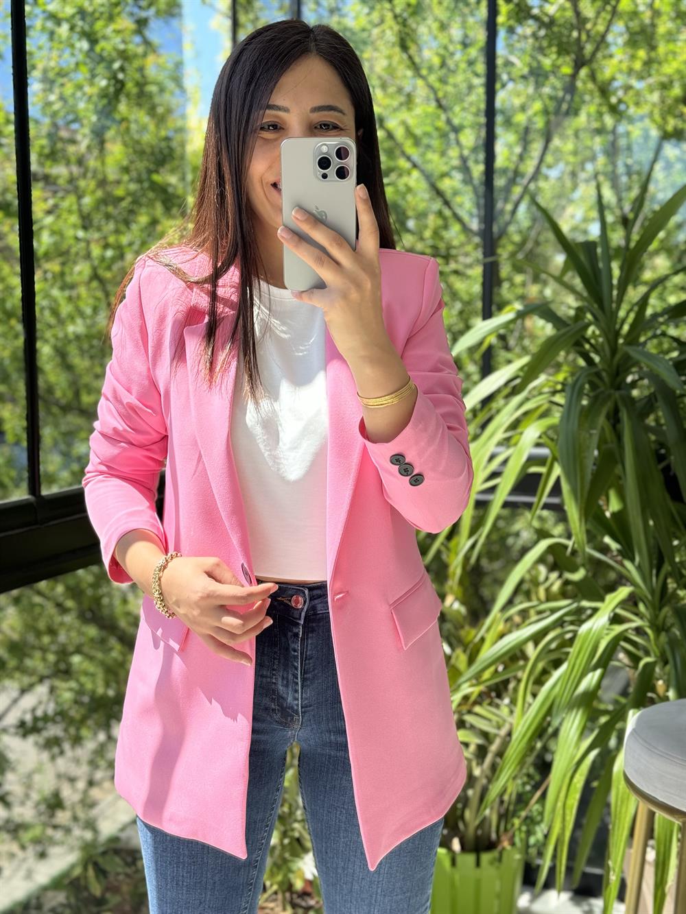  Tek Düğme Blazer Ceket Pembe