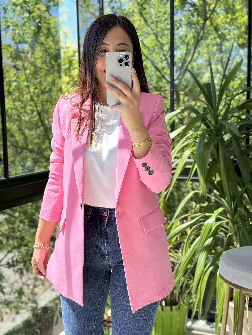  Tek Düğme Blazer Ceket Pembe