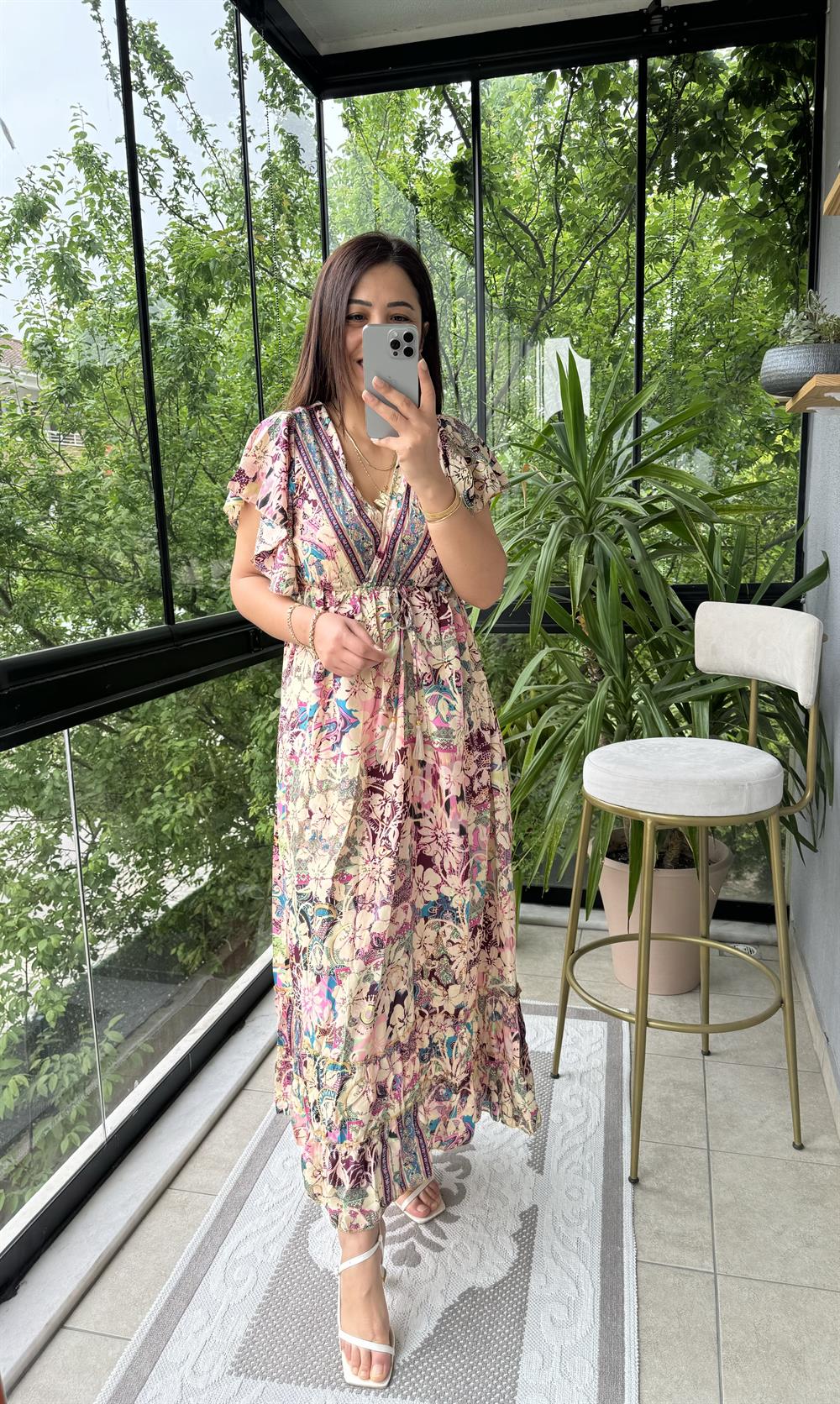  V Detay Etnik Desen Elbise Pembe