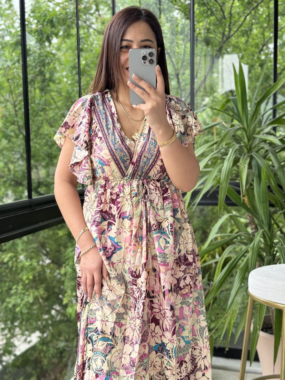  V Detay Etnik Desen Elbise Pembe