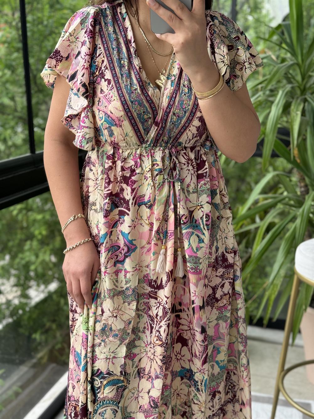  V Detay Etnik Desen Elbise Pembe