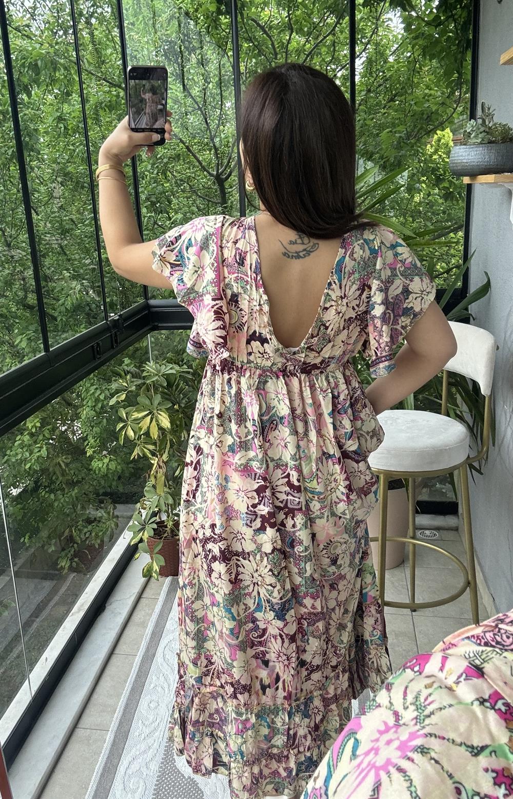  V Detay Etnik Desen Elbise Pembe