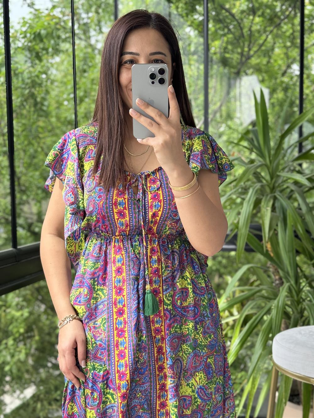  V Detay Etnik Desen Elbise Yeşil