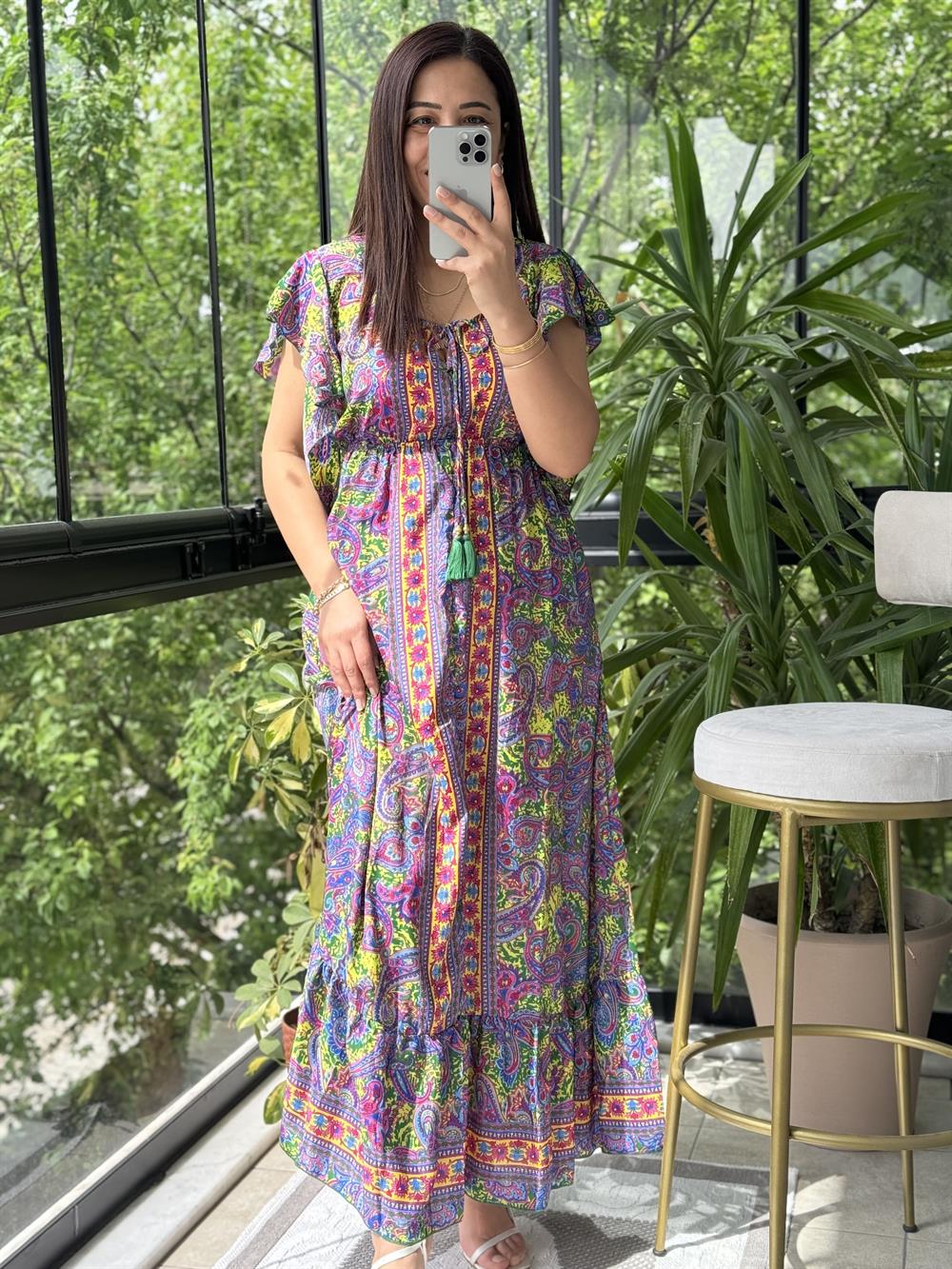  V Detay Etnik Desen Elbise Yeşil