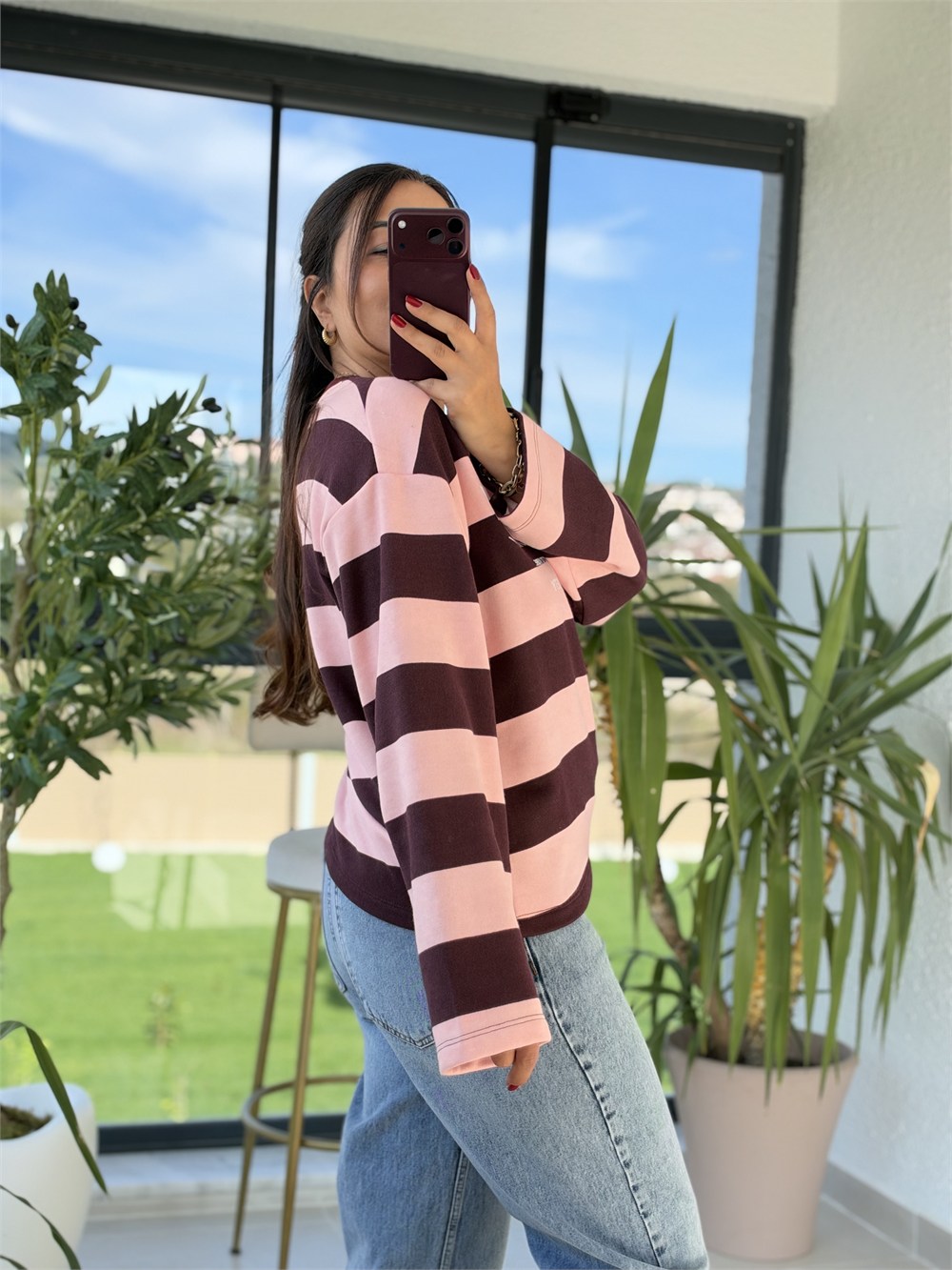 Kalın Çizgili New York Ctiy Sweatshirt Pembe