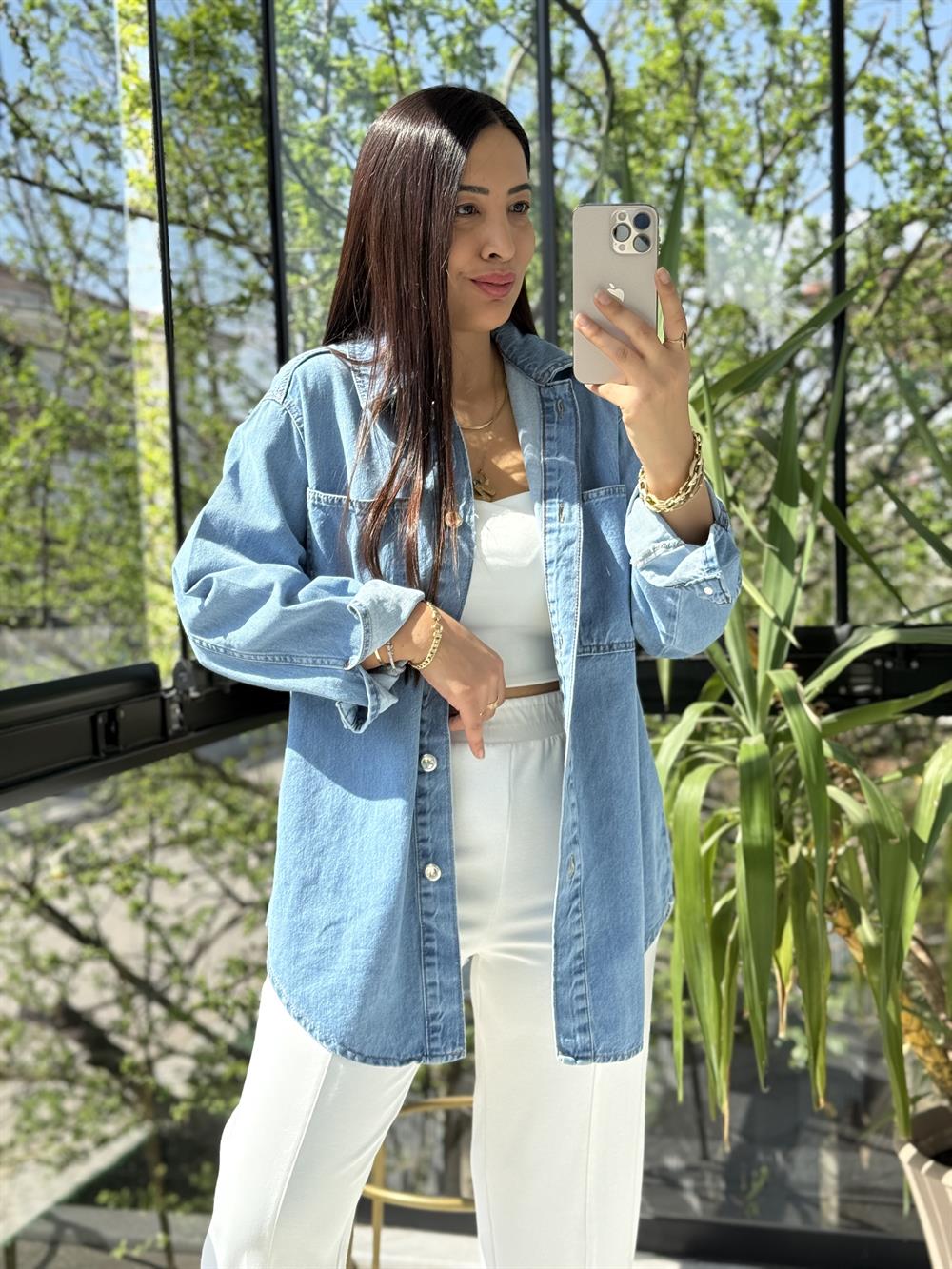 Düğmeli Oversize Gömlek Mavi
