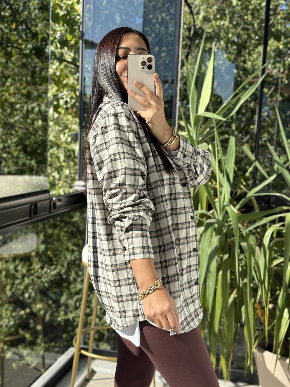 Ekoseli Oversize Gömlek Bej