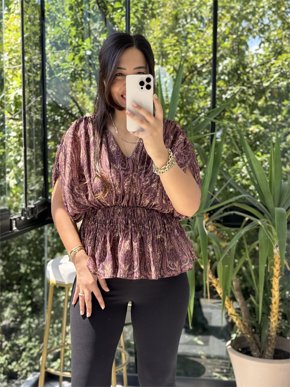 Beli Lastikli Şal Desen Bluz Bordo