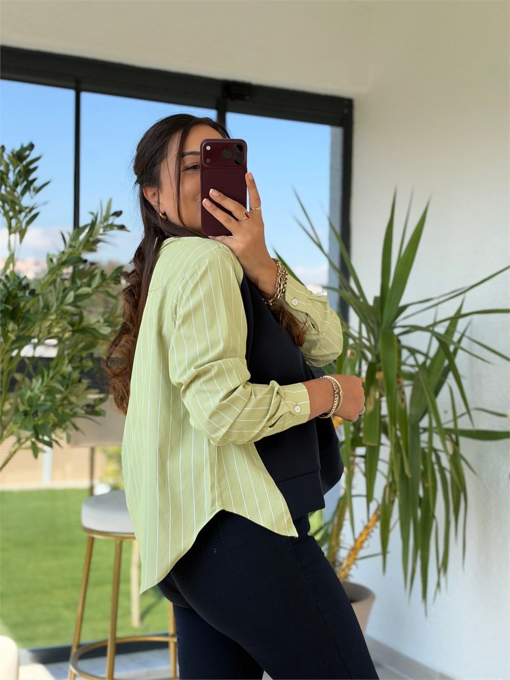 Kolu Ve Arkası Çizgili Poplin Modal Sweatshirt Yeşil