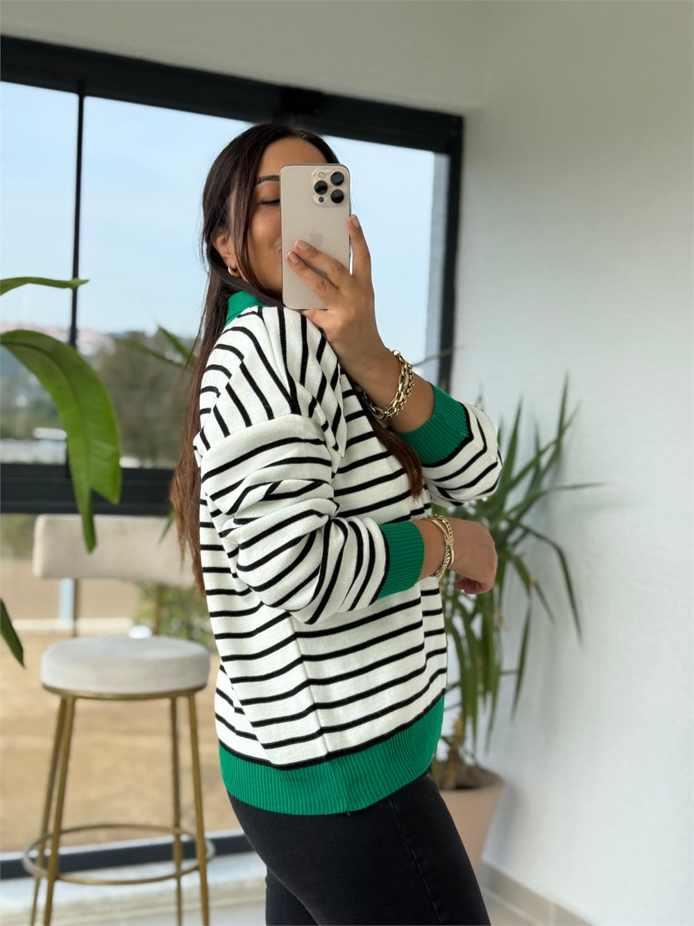 Polo Yaka Çizgili Renk Detaylı Sweatshirt Yeşil