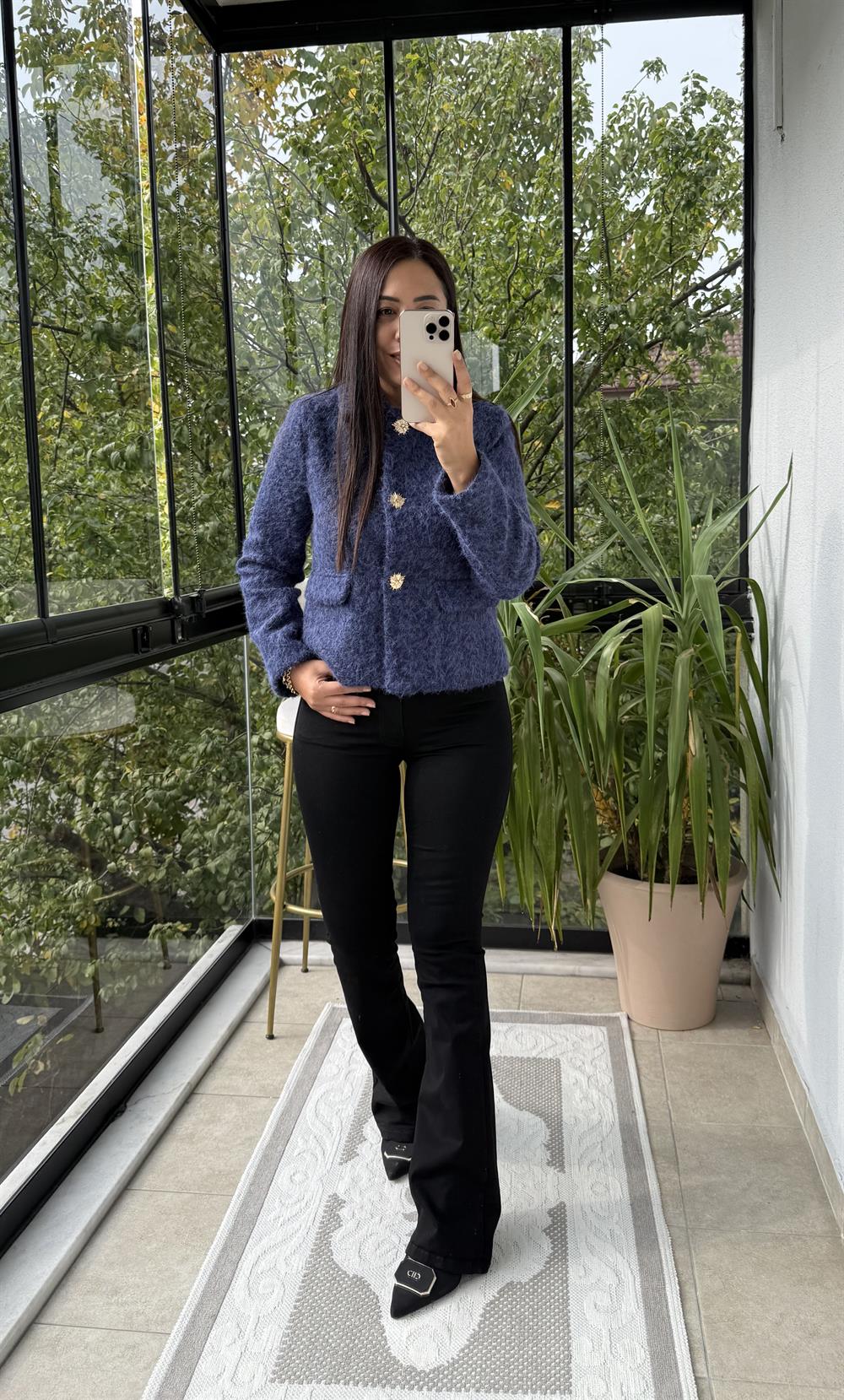 Kısa Gold Düğme Yün Ceket Lacivert