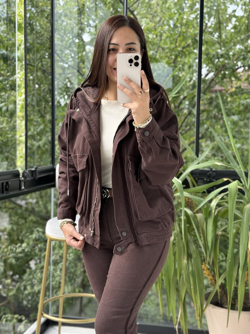 Kapüşonlu Kot Ceket Kahve