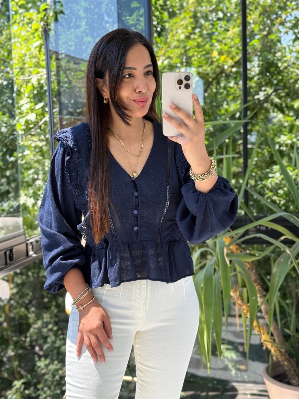 Keten Fırfırlı Bluz Lacivert 
