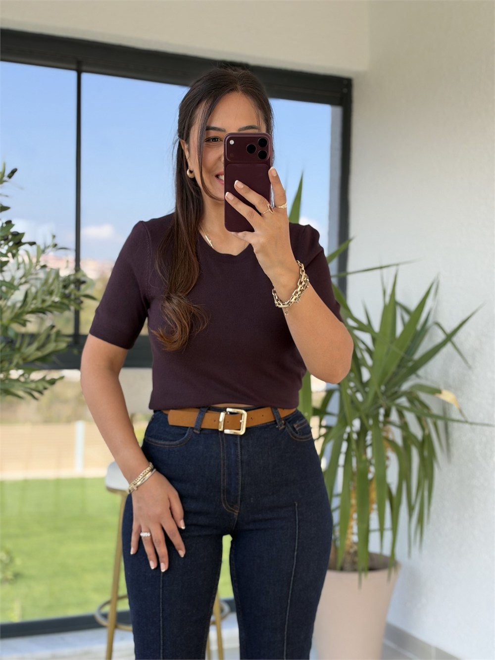 Bisiklet Yaka Kısa Kol Basic Triko Bluz Mürdüm