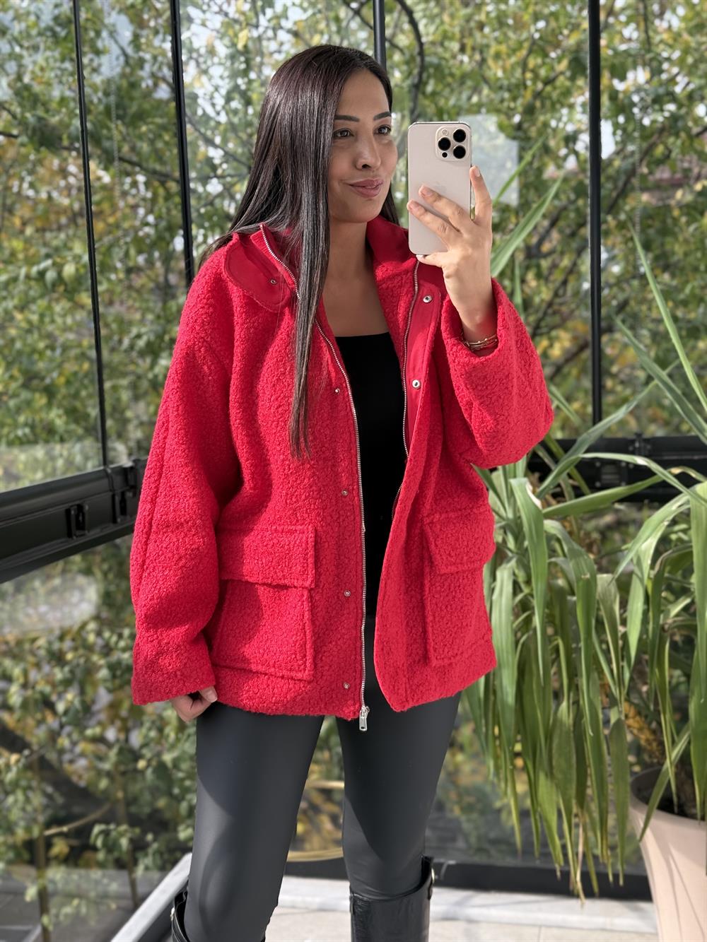 Cepli Kaşe Kaban Kırmızı