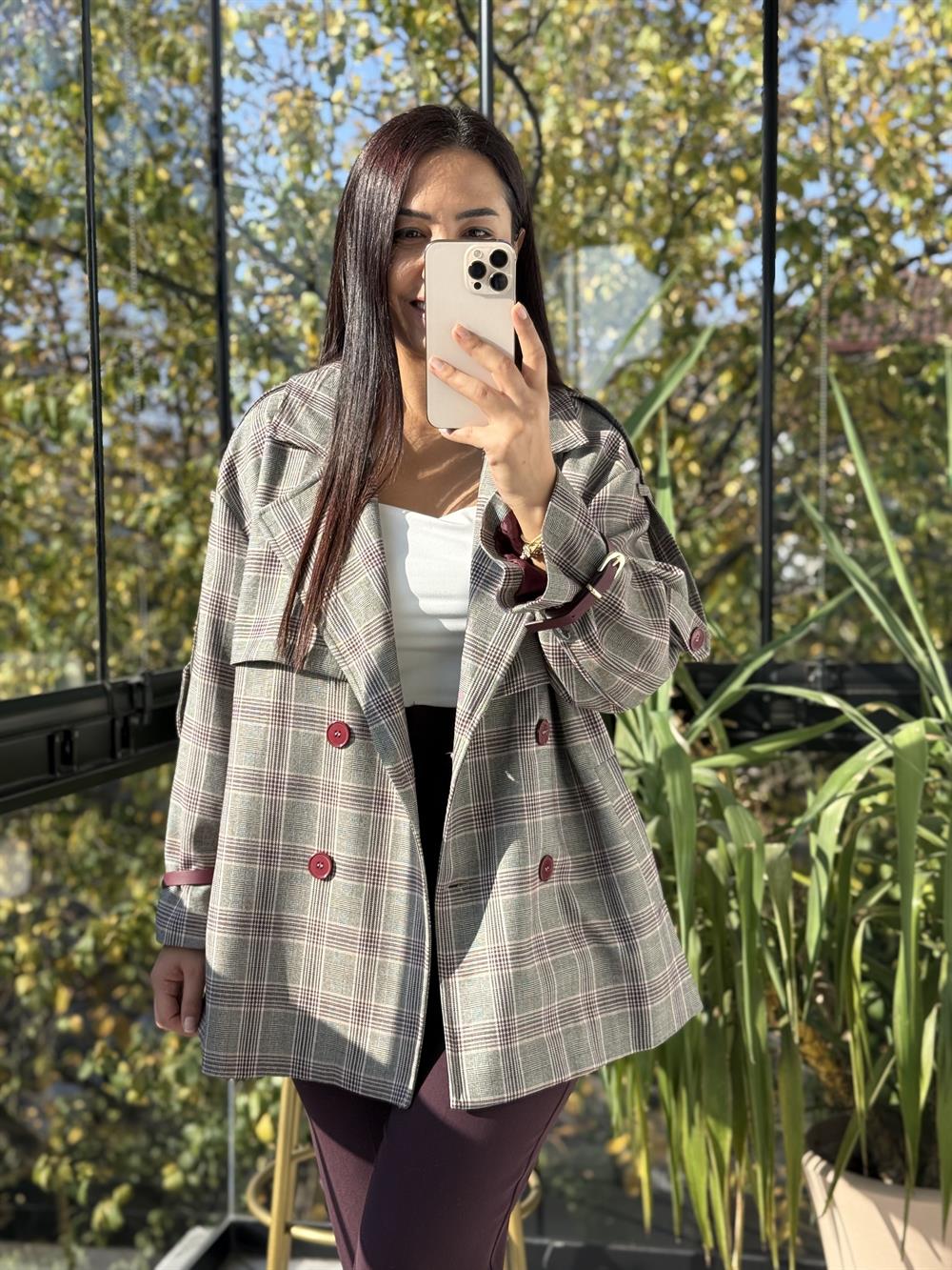 Ekose Kemerli Trenç Bordo